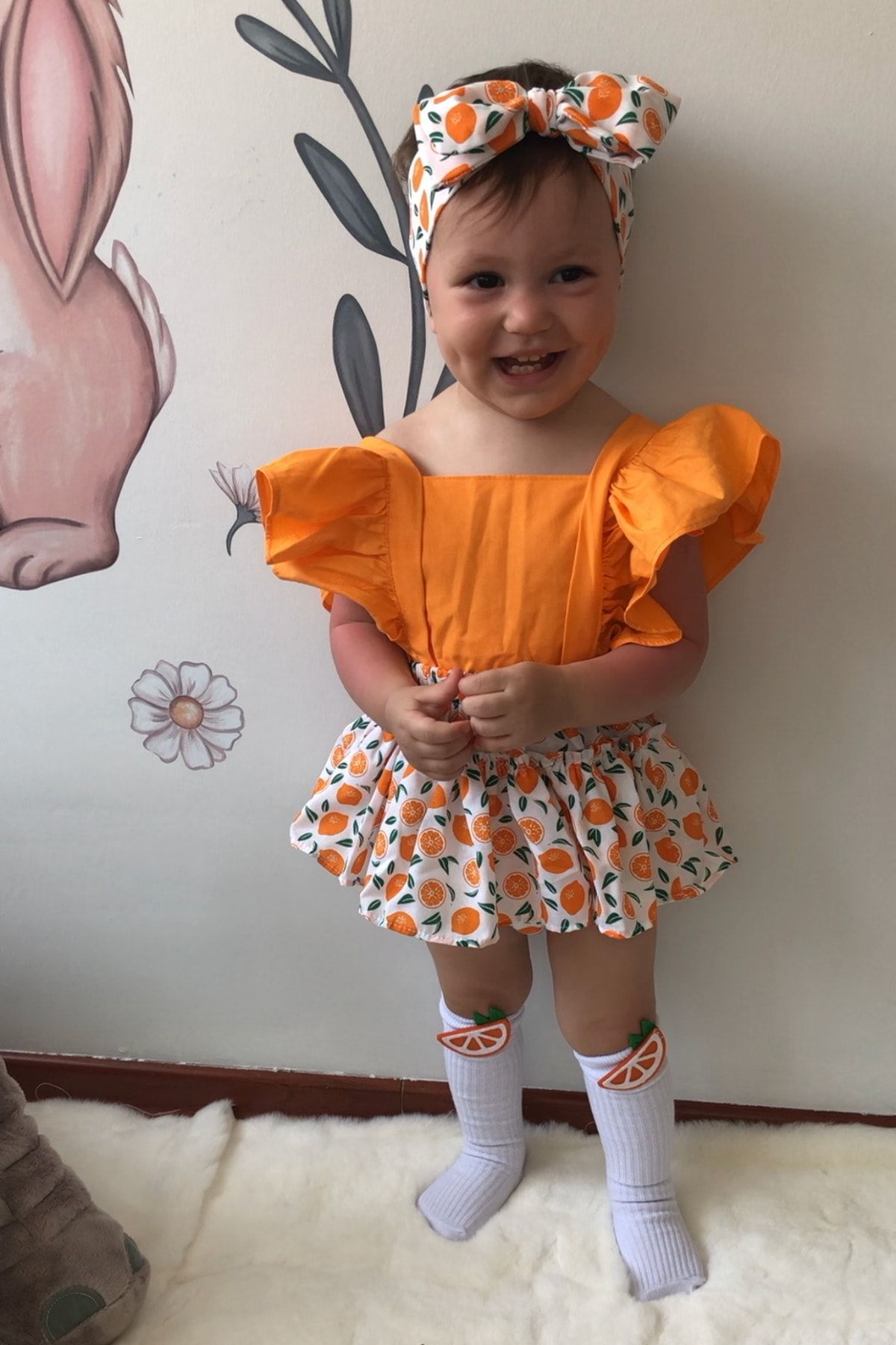Babyhümas Portakal Desen Slopet Ve Bandana Takım