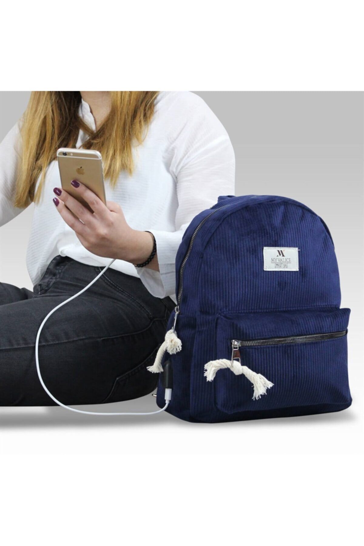 My Valice Smart Bag Usb Şarj Girişli Kadife Sırt Çantası 1201 Lacivert