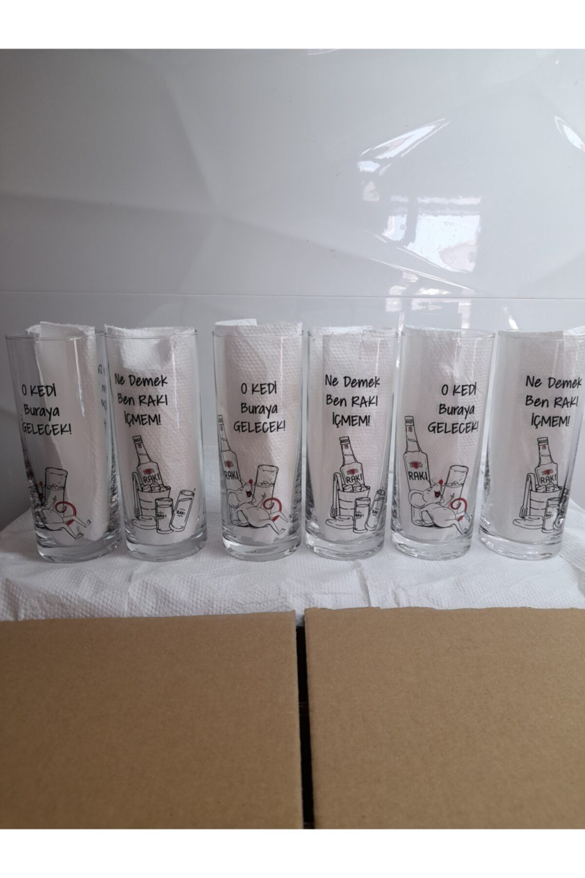 CAM Özel Ince Kesim Özel Tasarım 6li Rakı Bardağı O Kedi Buraya Gelecek