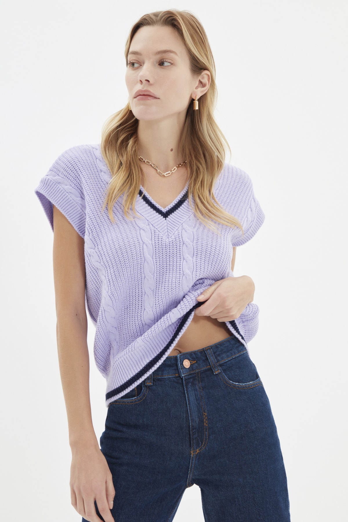 TRENDYOLMİLLA Lila Saç Örgülü Triko Süveter TWOAW22SV0095