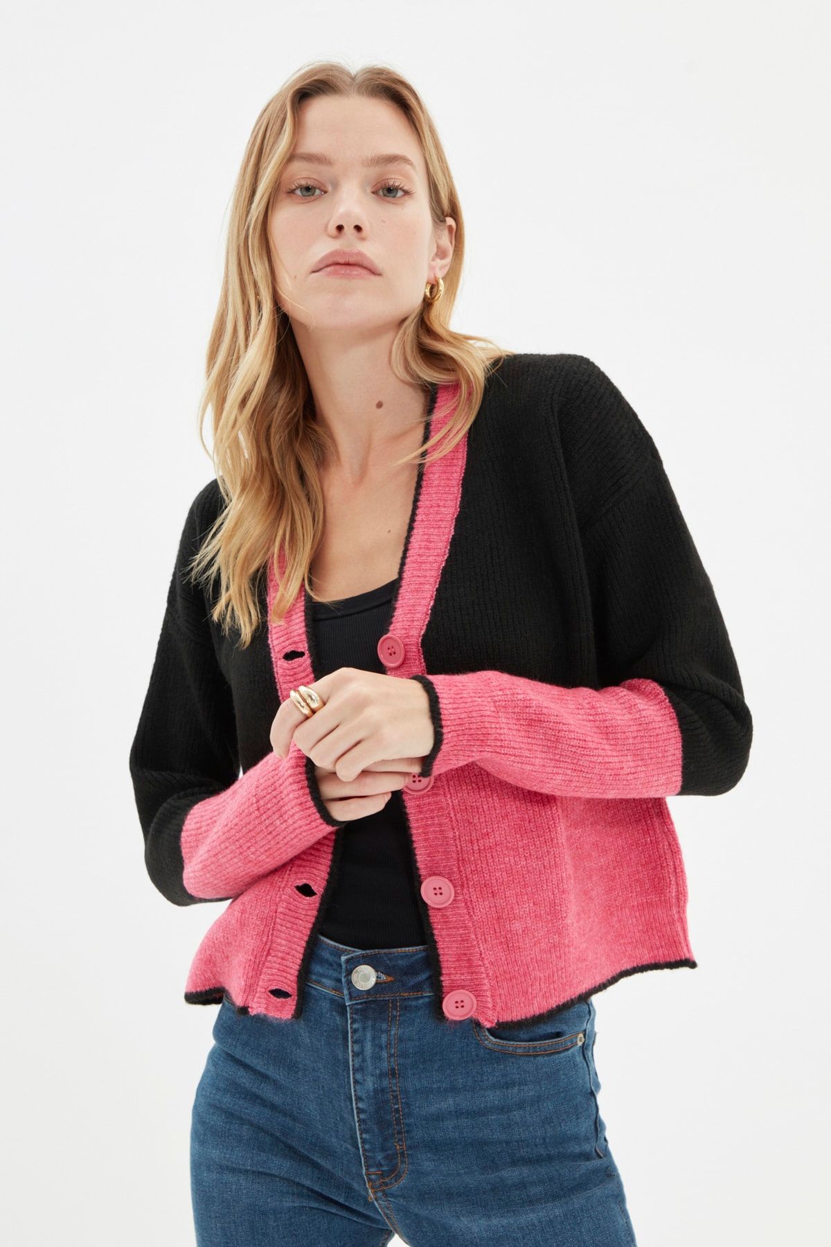 TRENDYOLMİLLA Pembe Renk Bloklu Triko Hırka TWOAW22HI0920