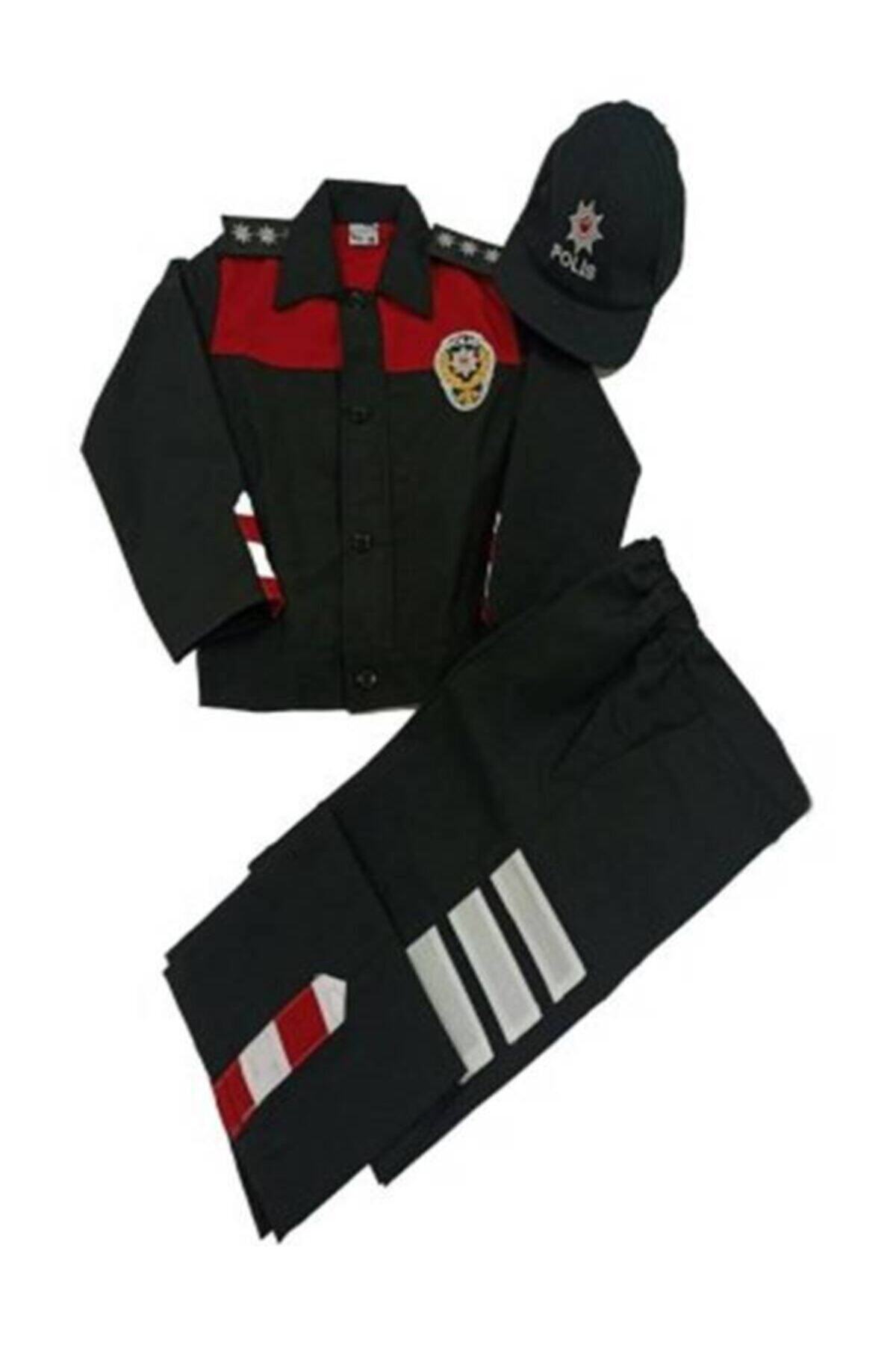 Burak Askeri Malzeme Uzun Kollu Siyah Kırmızı 3'lü Şapkalı Çocuk Yunus Polis Kıyafet Takımı