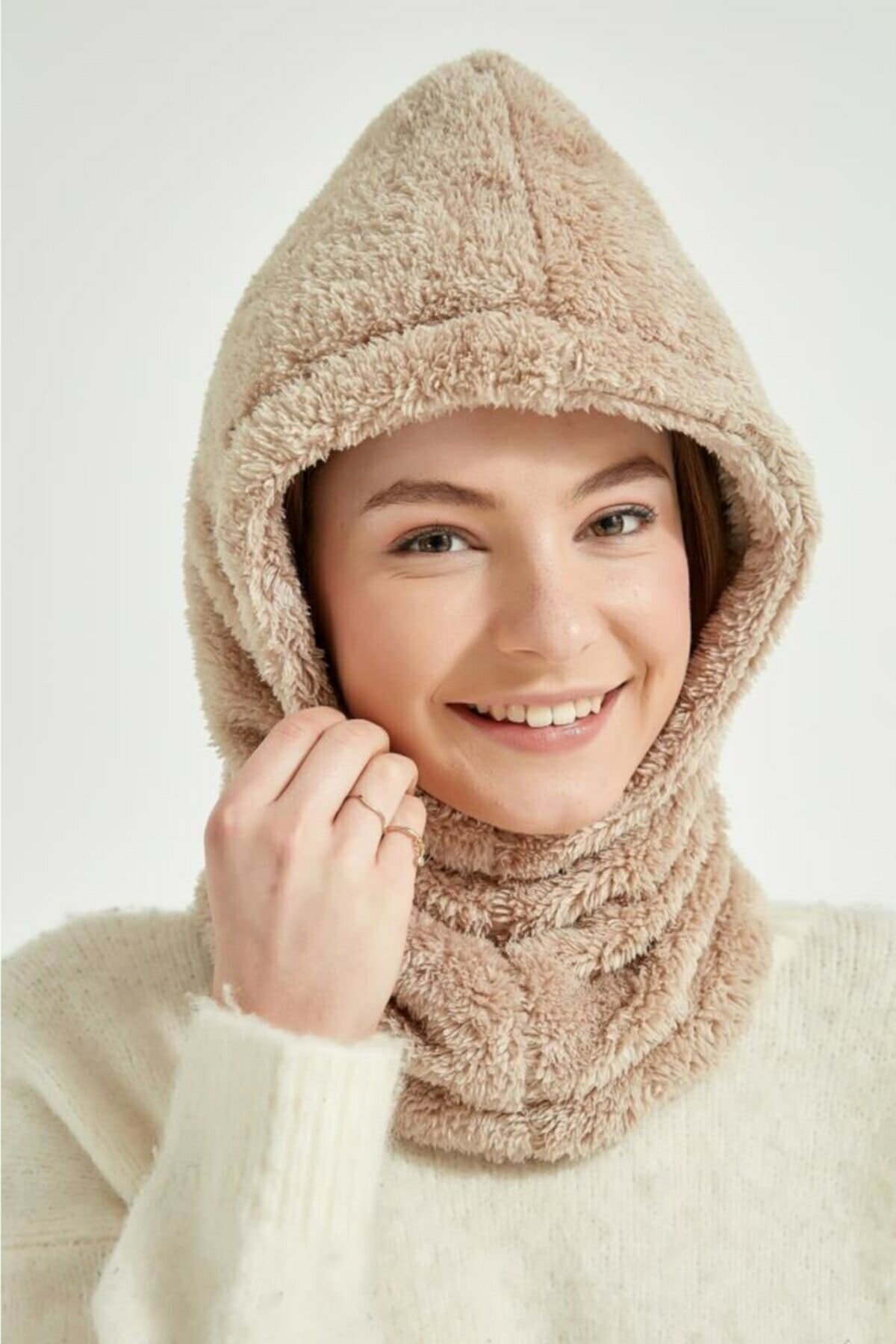 BALIENTE Bej Unisex Kürk Boyunluk Kar Şapkası