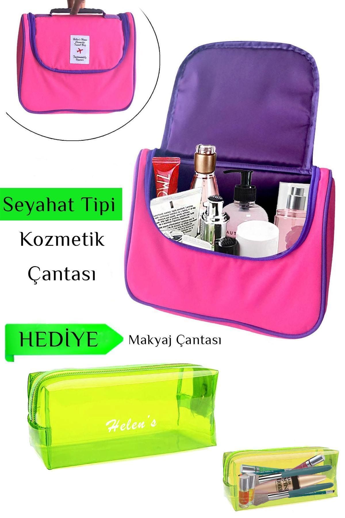 Helen's Home Seyahat Tipi Kozmetik Çantası Düzenleyici Makyaj Çantası Pembe- Kozmetik Çanta Hediyeli