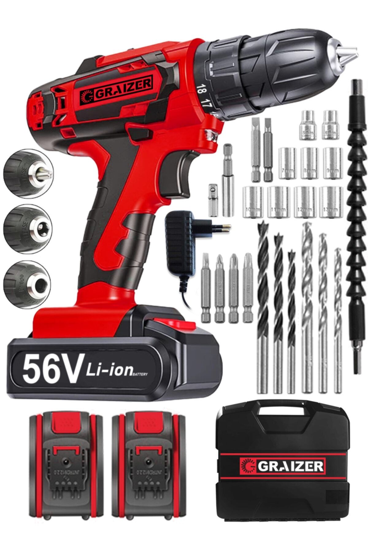 Graizer Alman V-tec 56 V 5 Ah Çelik Motor Çelik Şanzuman Darbeli Şarjlı Çift Akülü Vidalama Matkap