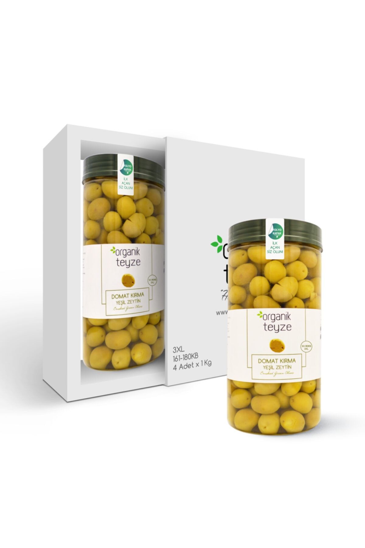 Organik Teyze Domat Kırma Yeşil Zeytin 3xl Boy 1 Kg X 4 Adet