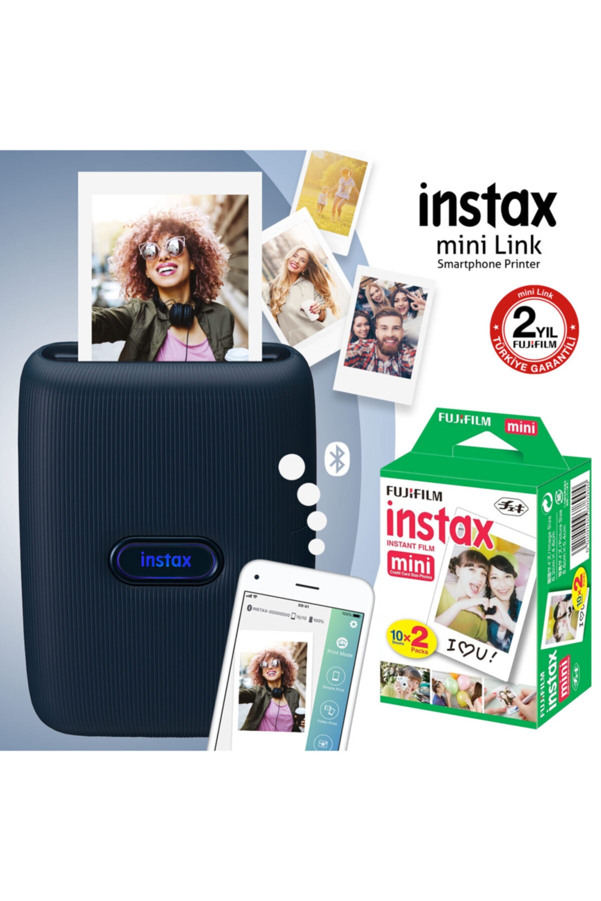 Fujifilm Instax mini Link Mavi Akıllı Telefon Yazıcısı ve 20'li mini Film