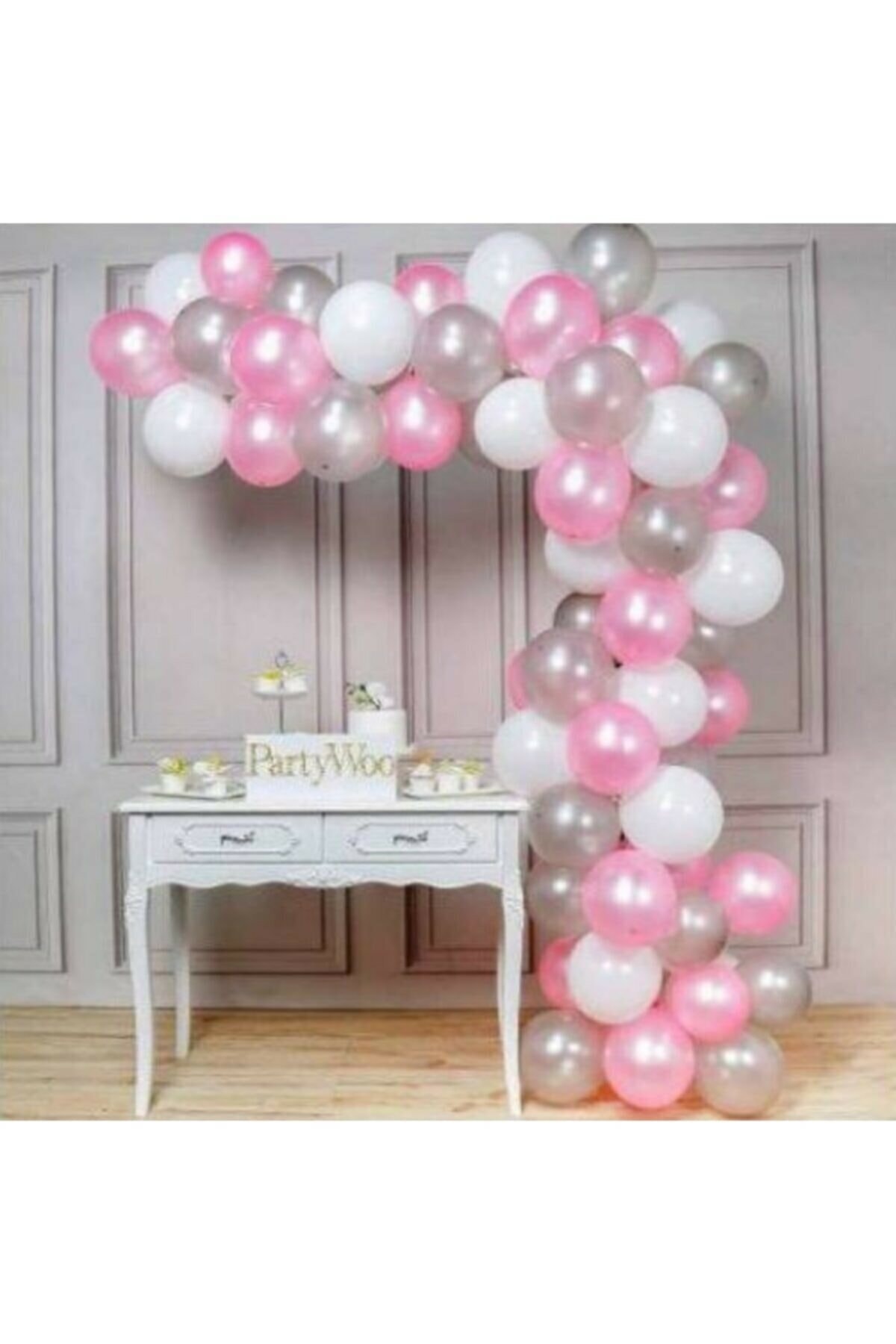 BAL10 DÜNYASI 50 Adet 12 Inç Parti Balonu Metalik Pembe -metalik Beyaz - Metalik Gümüş + 5 Mt Balon Zinciri