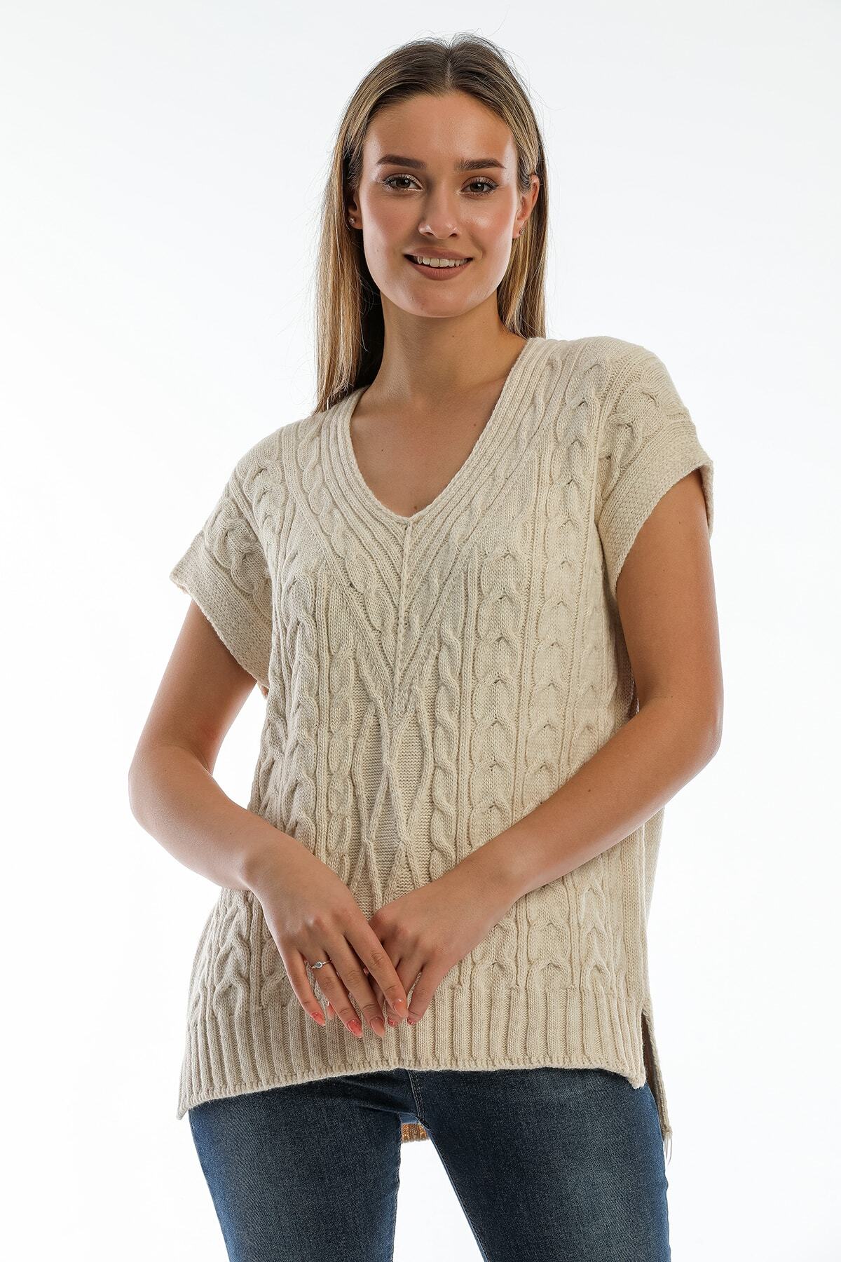 BAMOST V Yaka Yumuşak Dokulu Desenli Süveter Taş