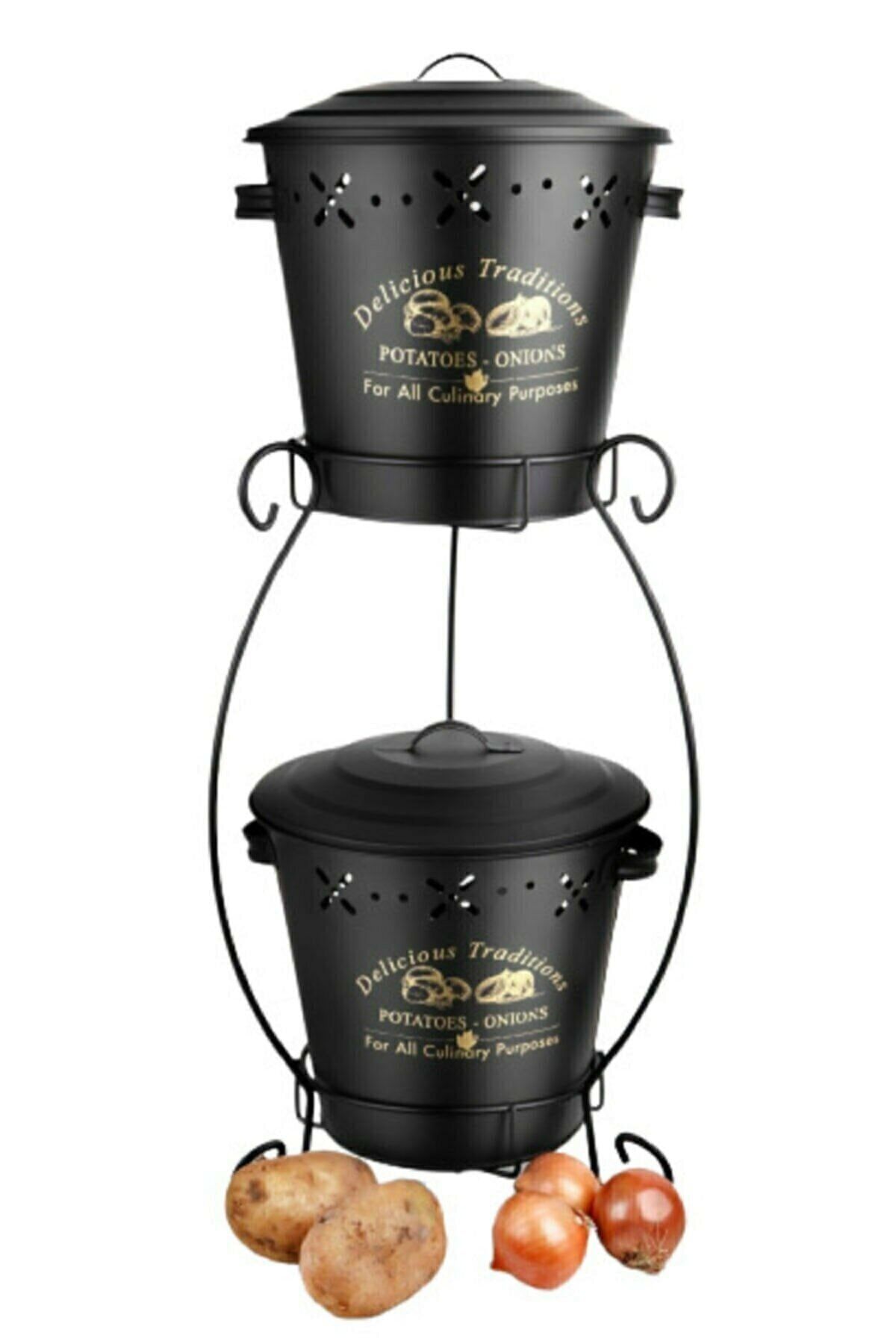 3K HOME 2 Katlı Metal Siyah Patates Soğan Kovası