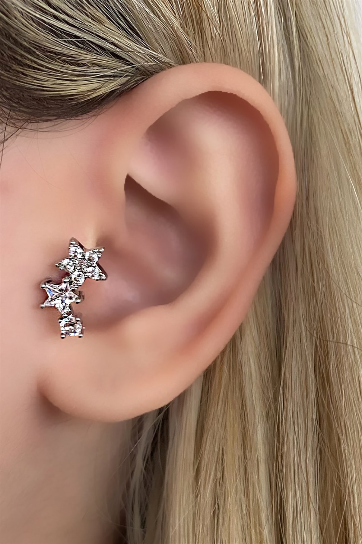 TAKIŞTIR Cerrahi Paslanmaz Çelik Gümüş Renk Yıldız Figürlü Taşlı Tragus-helix Kulak Piercing