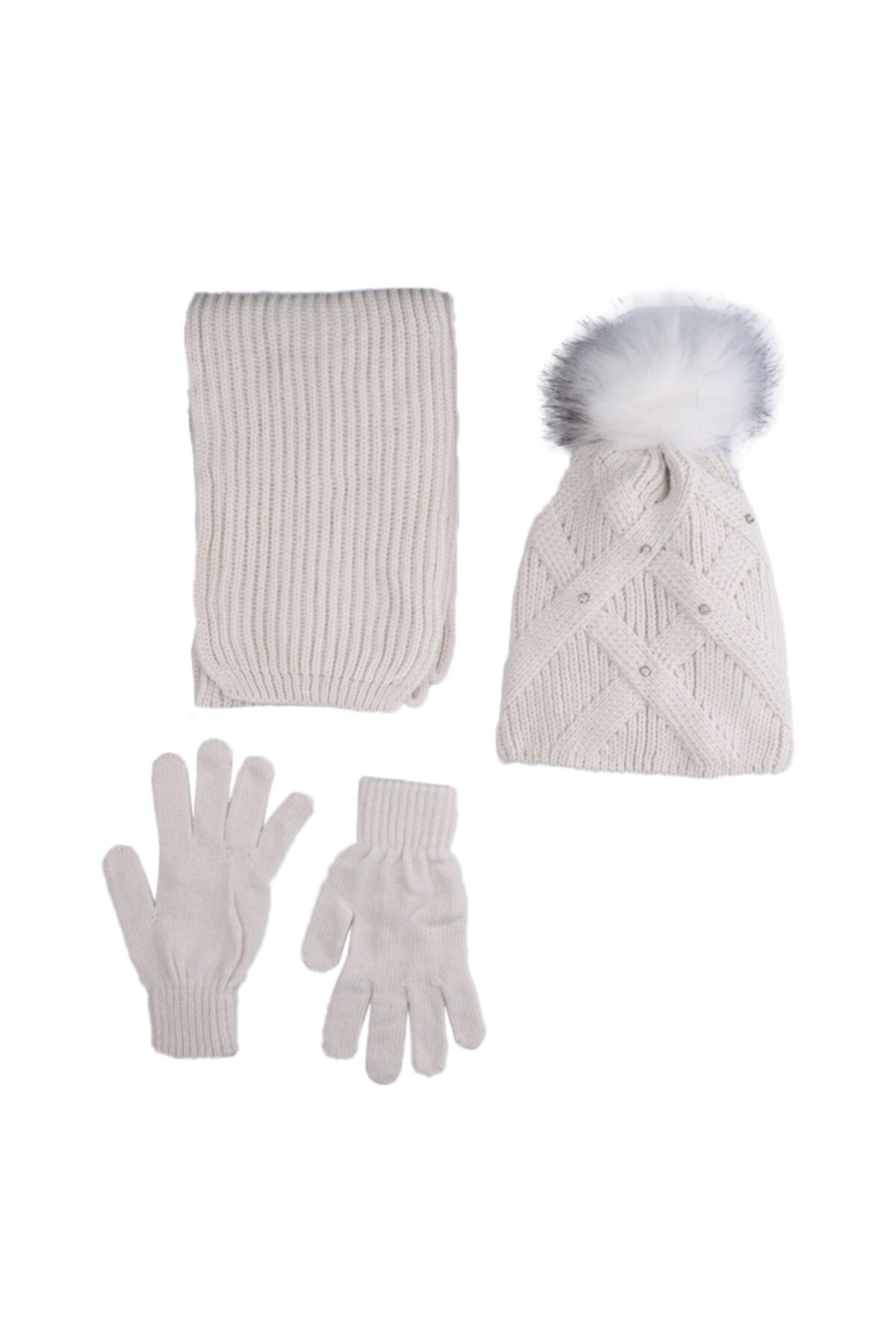Kitti 9-15 Yaş Kız Garson Atkı Bere Eldiven Set Taşlı Açık Bej