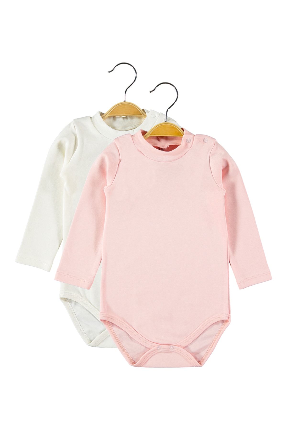 hepbaby Kız Bebek Balıkçı Yaka Pembe-ekru 2 Adet Uzun Kollu Bebek Body