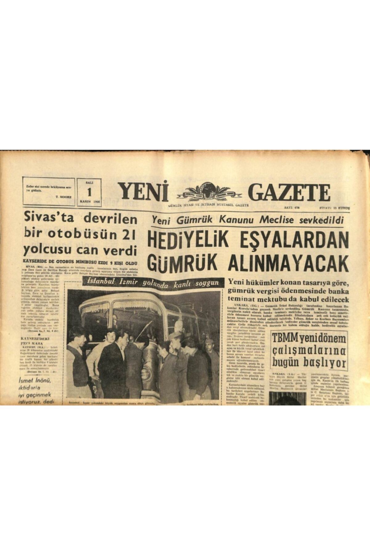 Gökçe Koleksiyon Yeni Gazete Gazetesi 1 Kasım 1966 - Amerika'ya Göç Eden Manyas'lı Kazaklar Memnun Değiller Gz90107