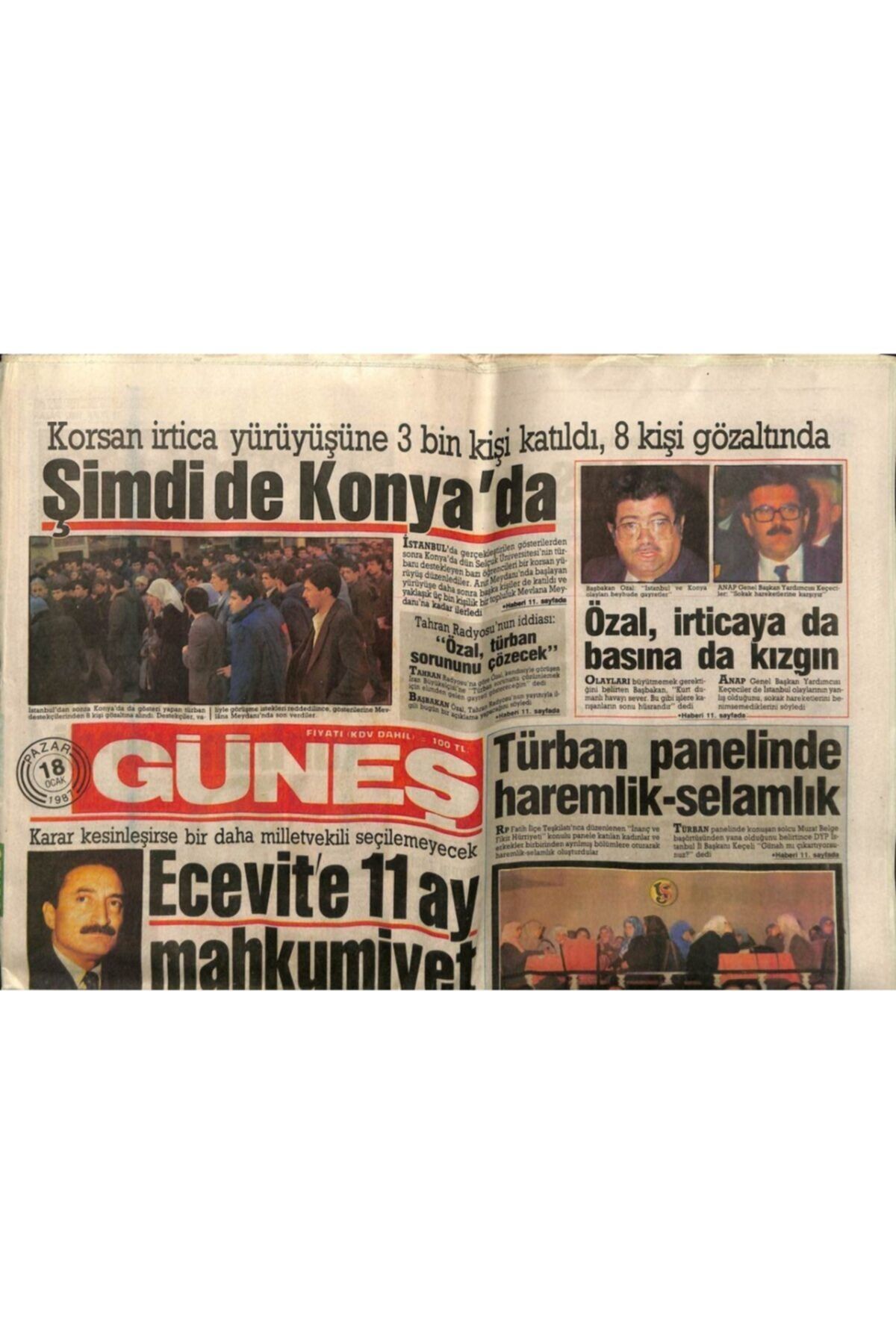 Gökçe Koleksiyon Güneş Gazetesi 18 Ocak 1987 - Türban Panelinde Haremlik- Selamlık Gz61544