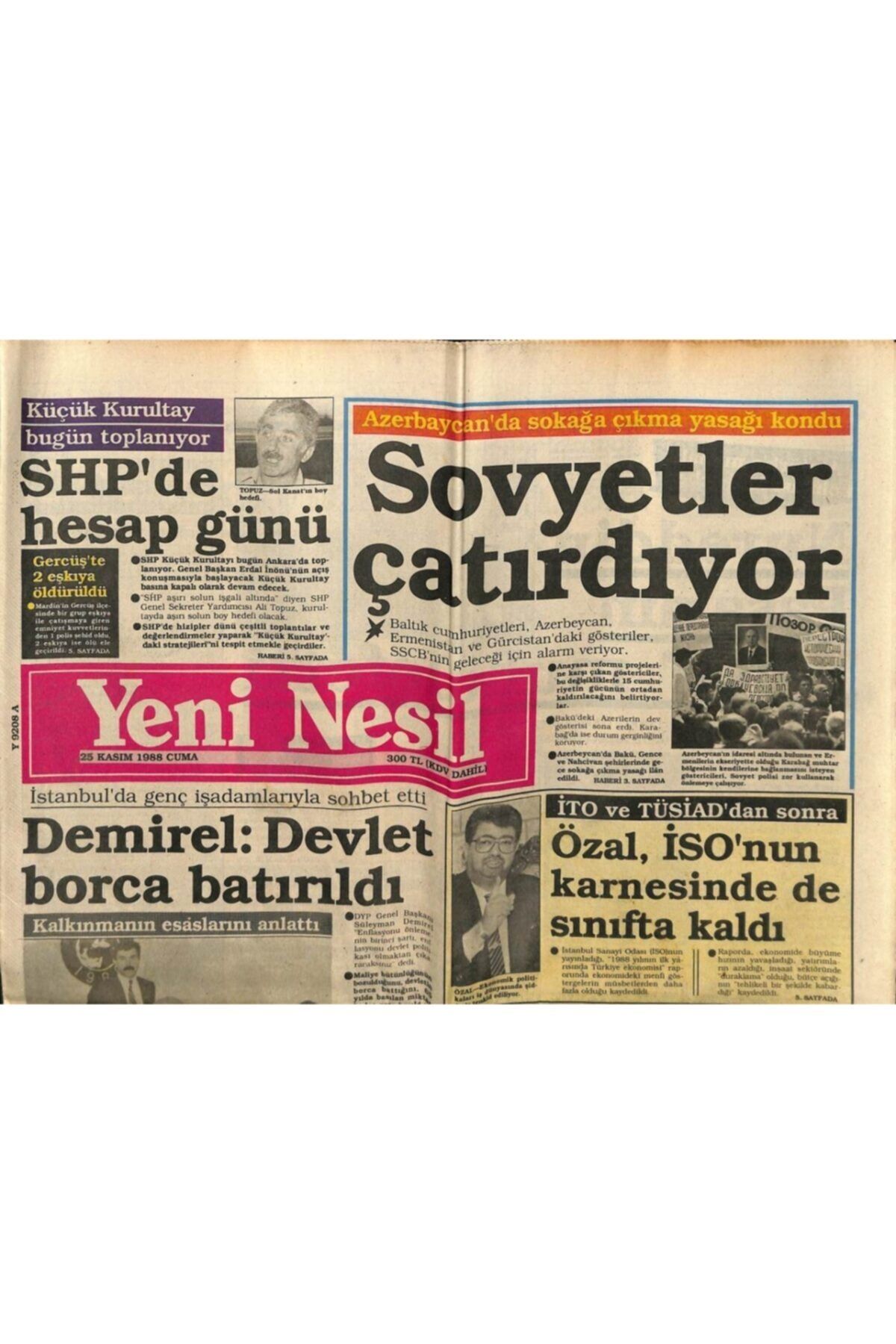 Gökçe Koleksiyon Yeni Nesil Gazetesi 25 Kasım 1988 - Azerbaycan'da Sokağa Çıkma Yasağı Kondu Gz61481