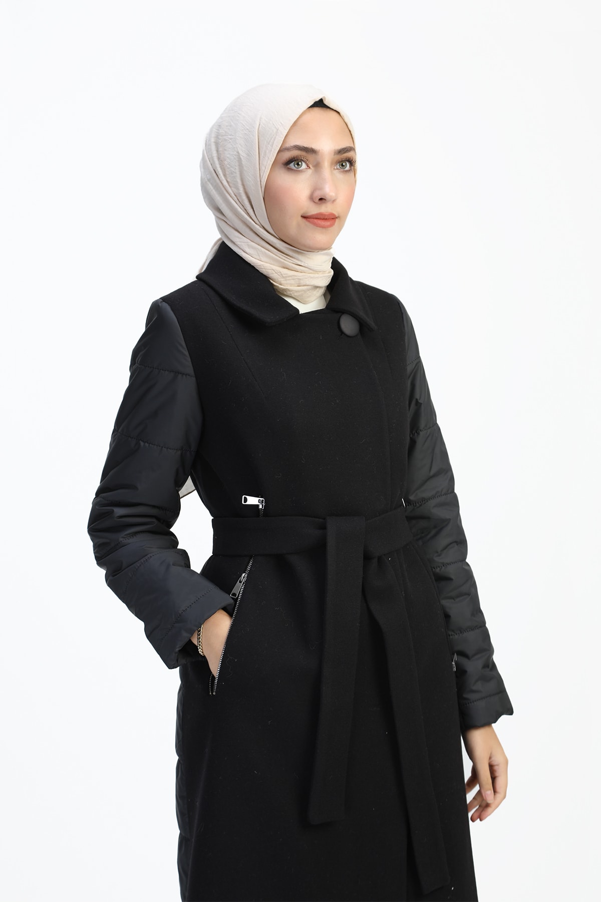 Kemal Aydın Fermuarlı, Cepli Tesettür Kaban - Siyah