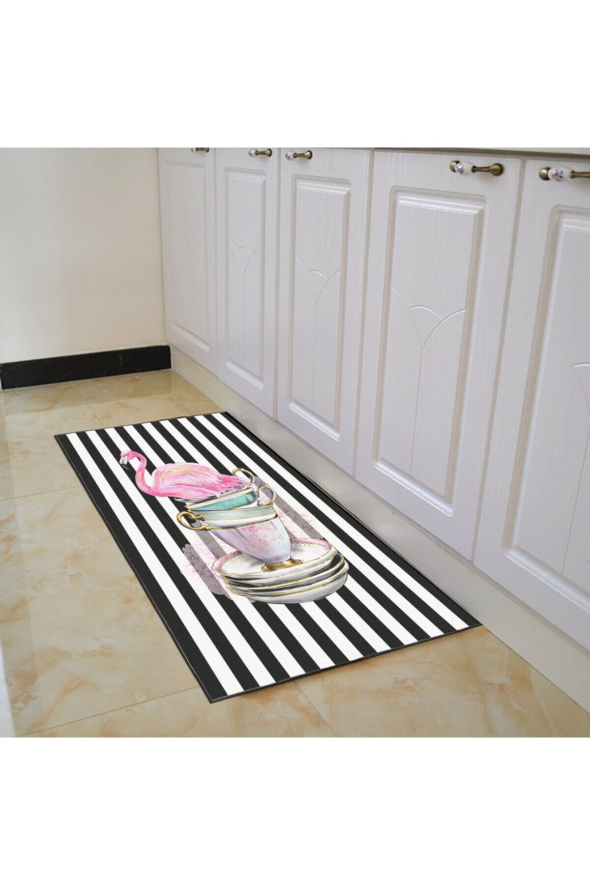 dessan home Siyah Beyaz Çizgili Fincanlı Kuğu Desenli Dijital Baskılı Kaymaz Taban Mutfak Paspası