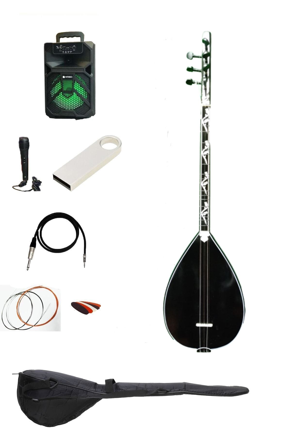 YNS Müzik 40 Tekne Jacklı Sap Işlemeli Kısa Sap Bağlama Saz Amfi Set