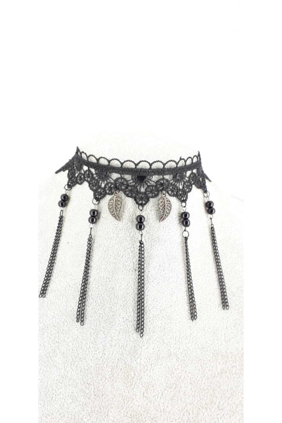 Fugusugu Bronz Yaprak Zincir Püskül Dantel (güpür) Choker