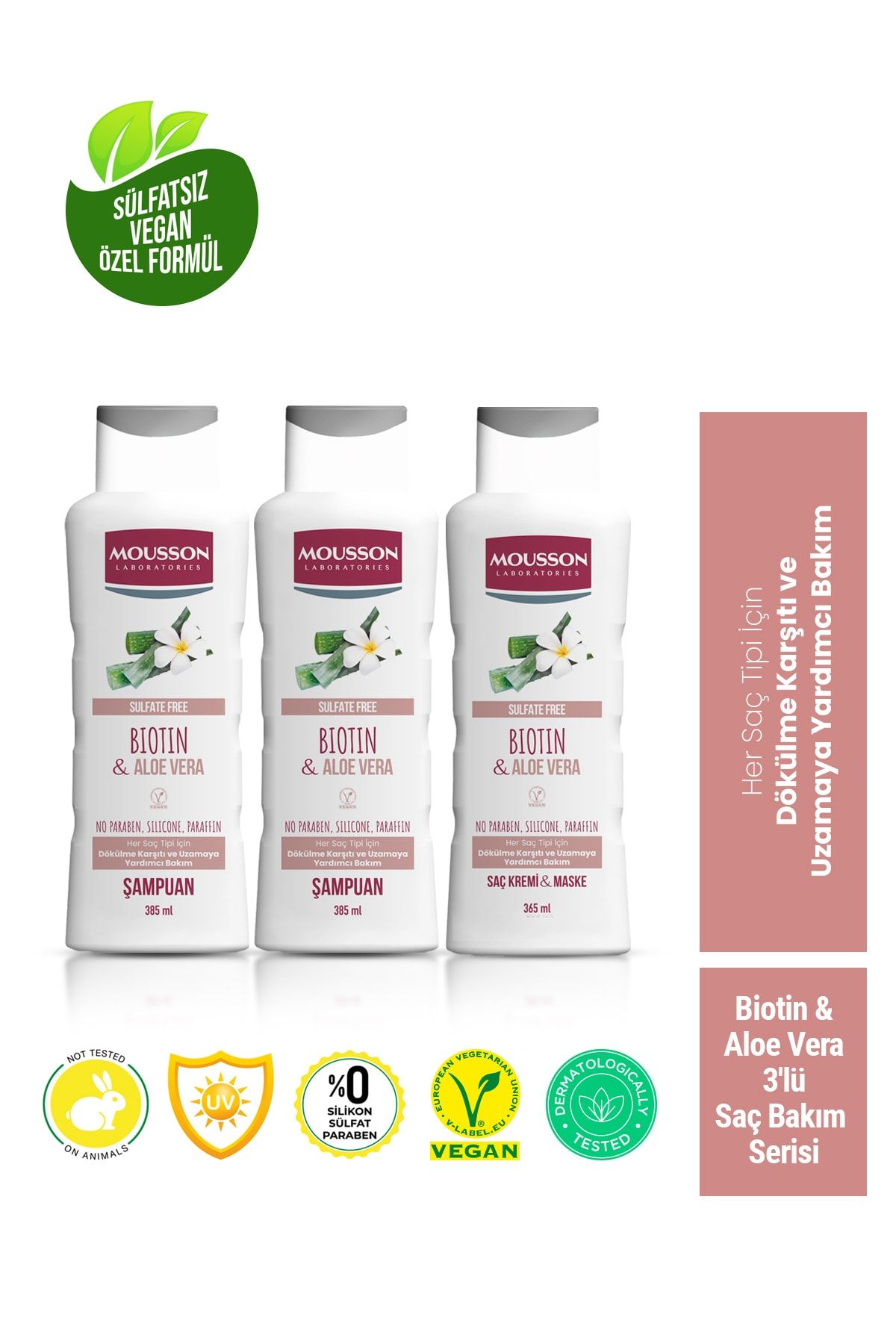 Mousson Biotin Ve Aloe Vera Içeren Döku lme Karşıtı Ve Uzamaya Yardımcı Sülfatsız 3'lü Saç Bakım Ser