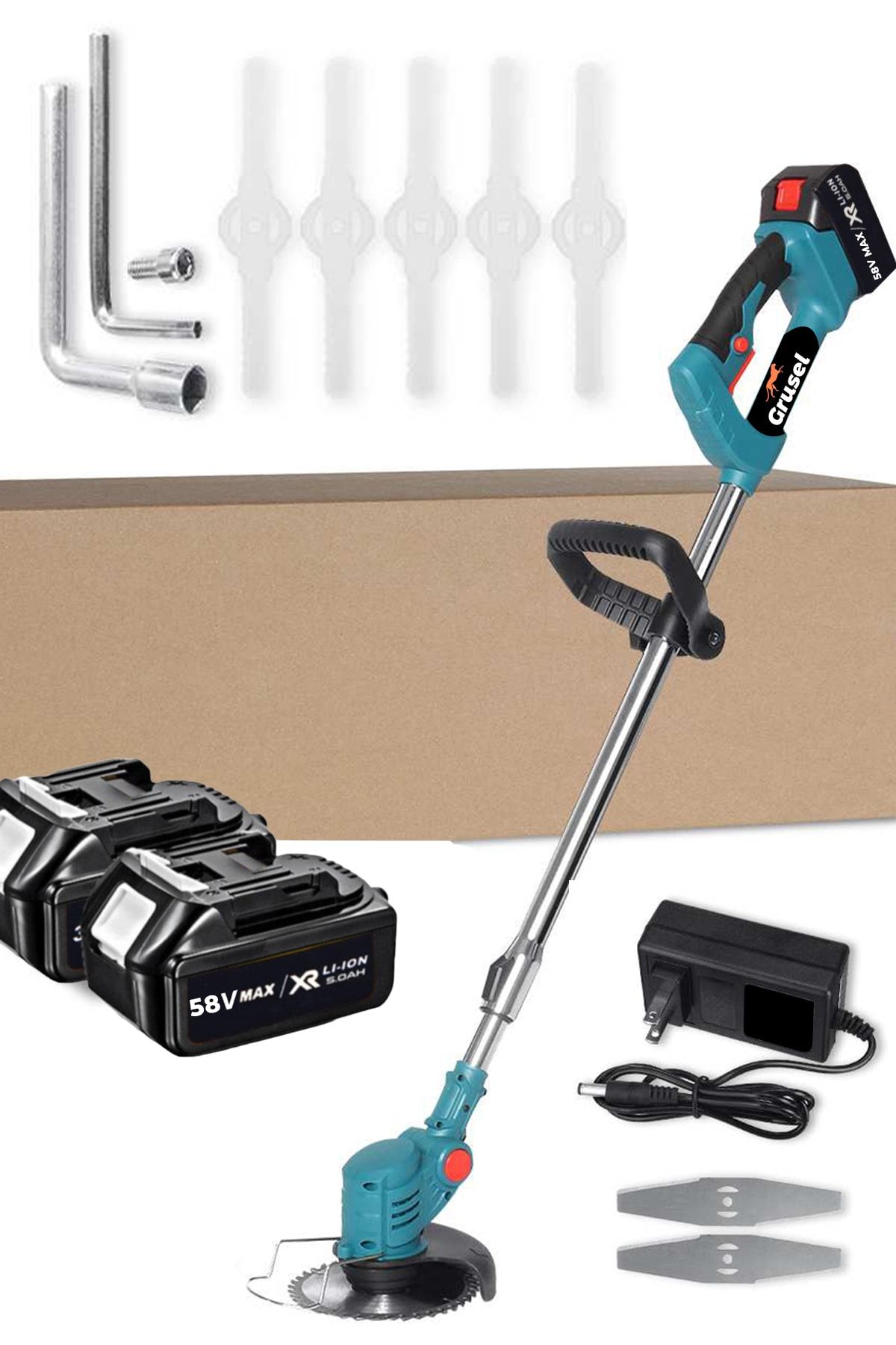 Grusel 58 V 6 Amp Çift Akülü Tekerlekli Ot Çim Çalı Biçme Tırpanı (teleskopik Uzatmalı)