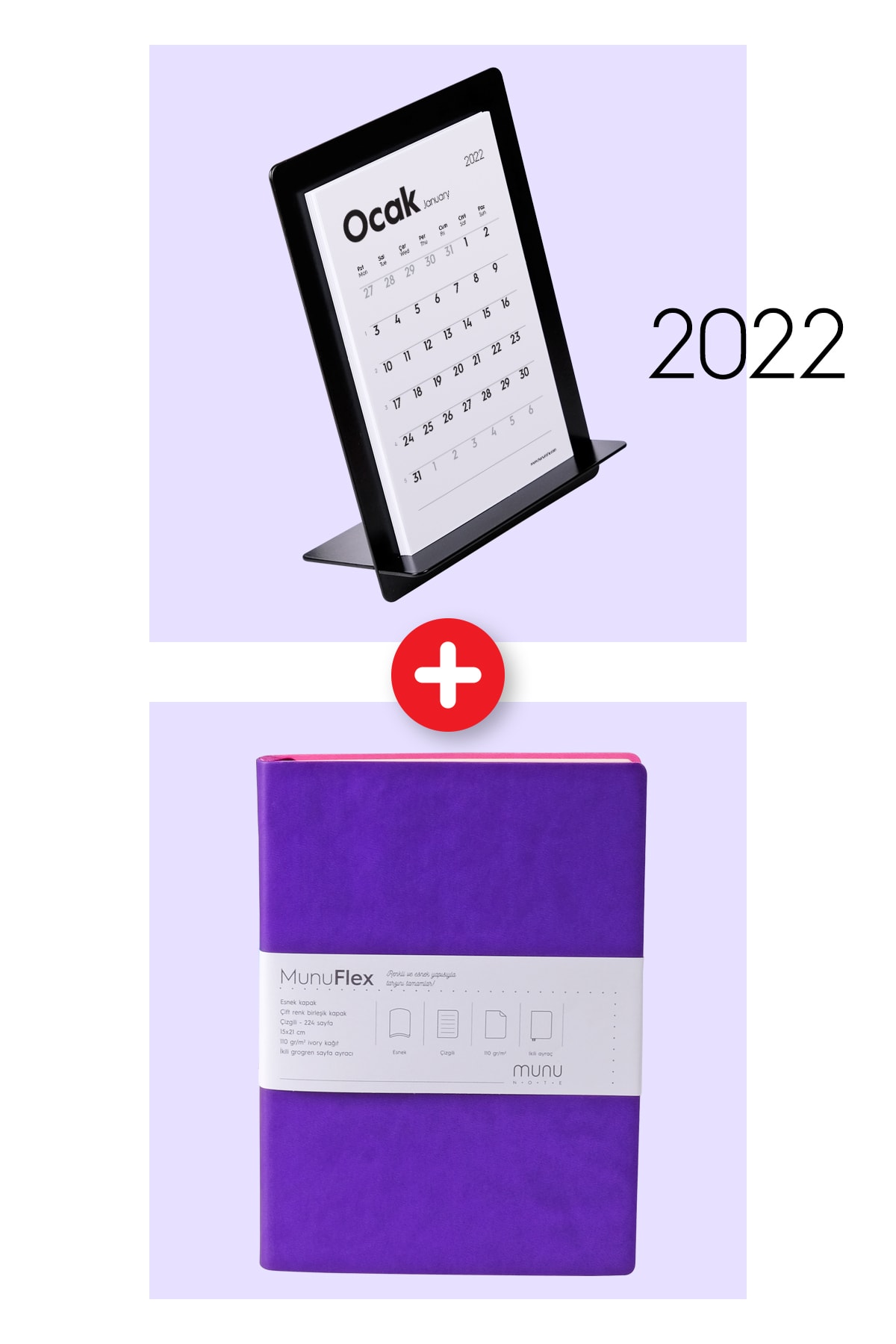 Munu Note Munuflex Mor Defter + Munucal S 2022 Masa Takvimi Set