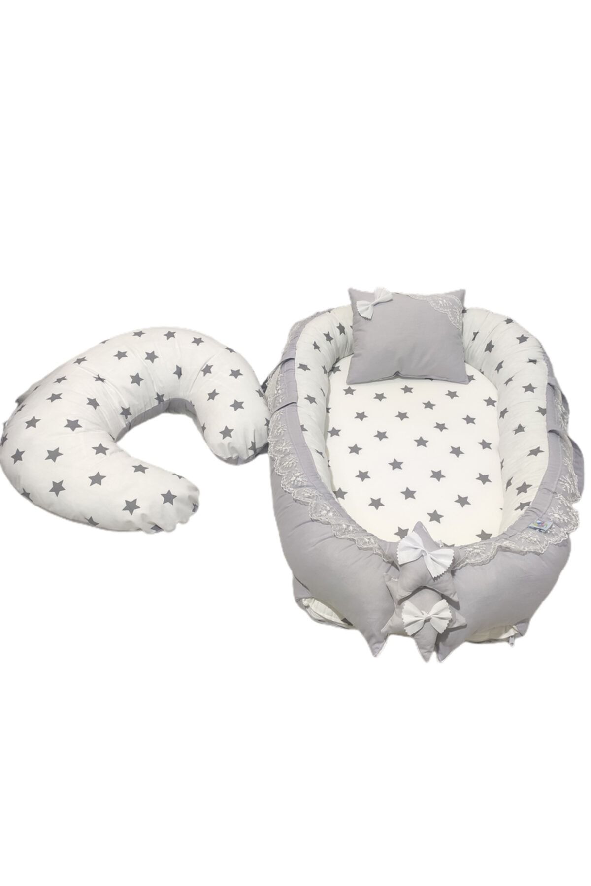 Bebek Atölyesi Bebekatölyesi Babynest Ve Emzirme Yastığı Gri Yıldız Desen