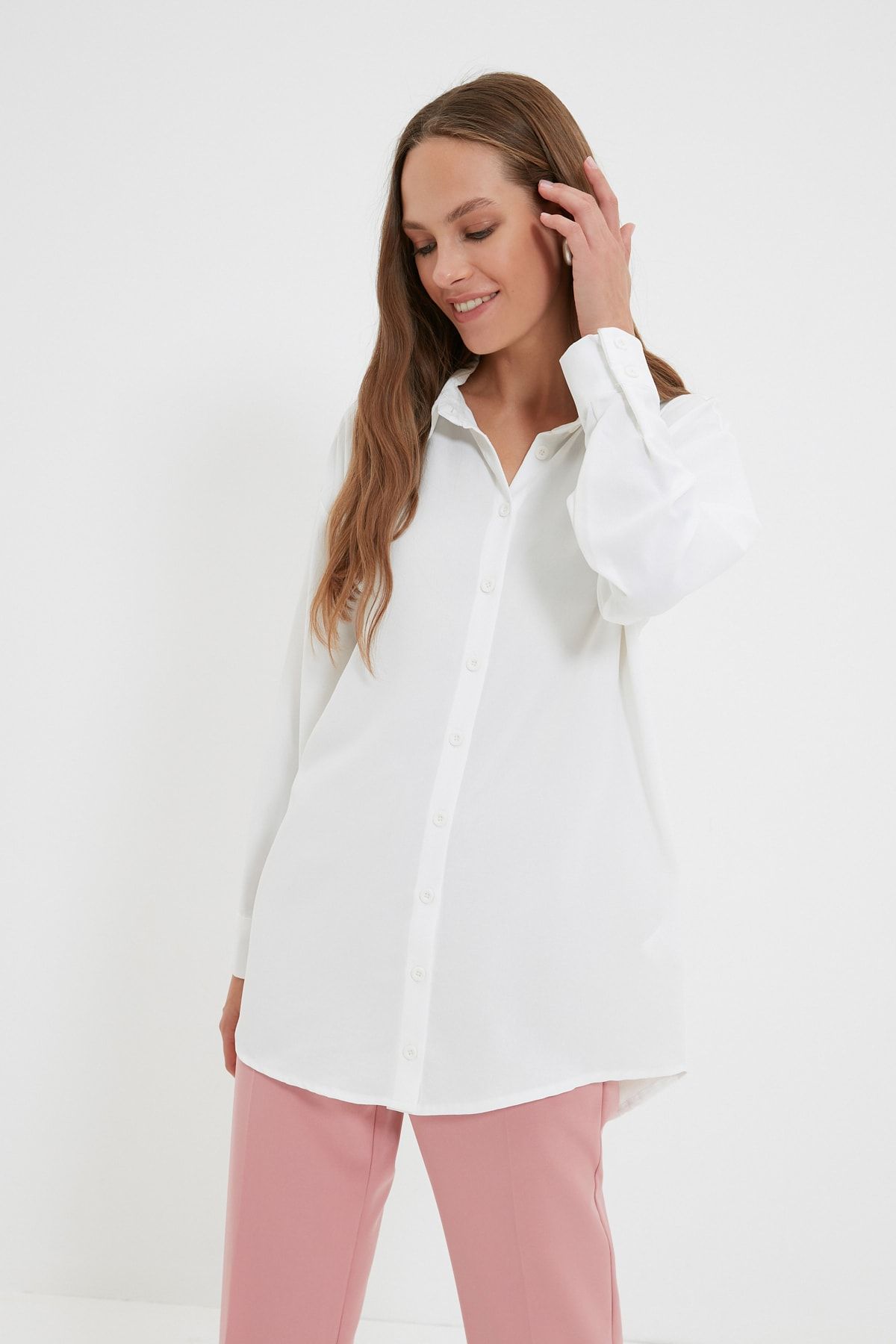 Trendyol Modest Ekru Gömlek Yaka Tunik TCTAW22UK0084