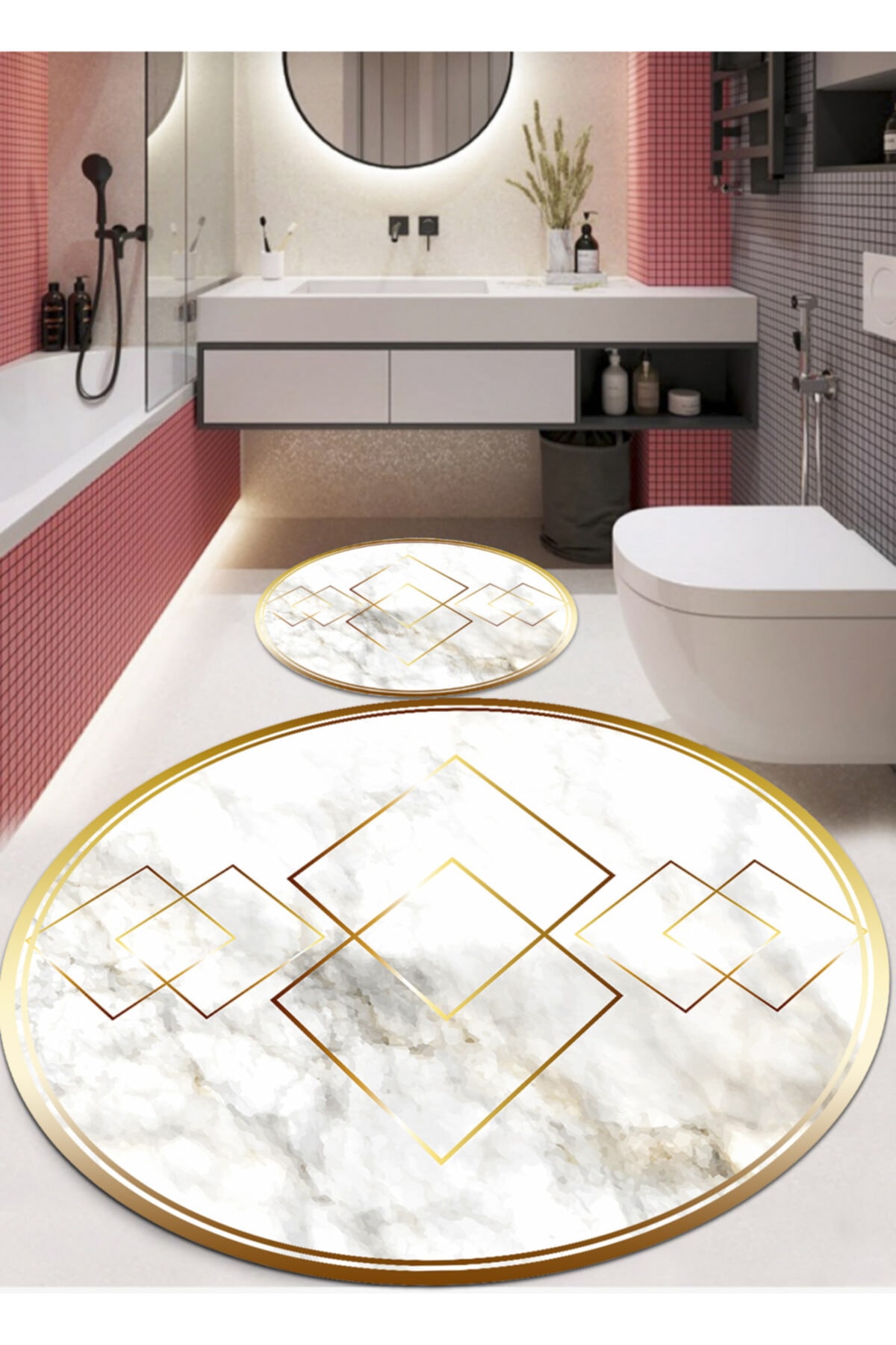 Ardizayn Deluxe Series - Platin, Kaymaz, Deri Taban 2'li Yuvarlak Klozet Takımı, Banyo Halısı(120x120-60x60)