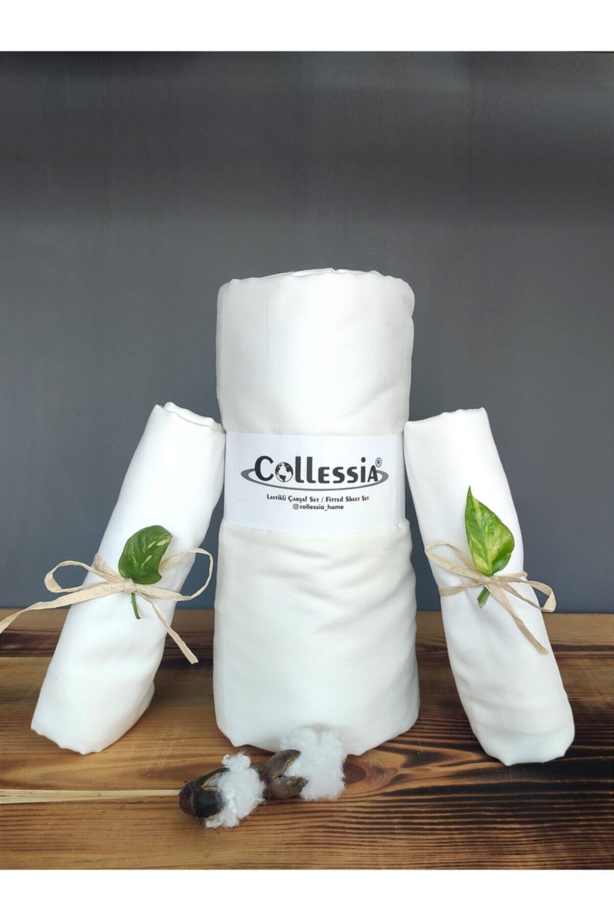 COLLESSİA %100 Pamuk Saten Fitted Çift Kişilik Lastikli Çarşaf Seti Çarşaf Takımı Yastıklı