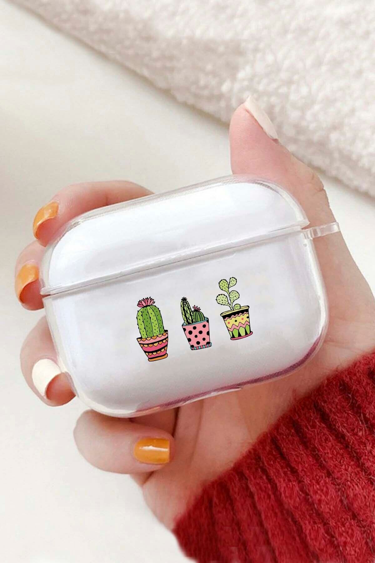 shoptocase Kaktüsler Desenli Şeffaf Airpods Pro Silikon Kılıf Uyumlu
