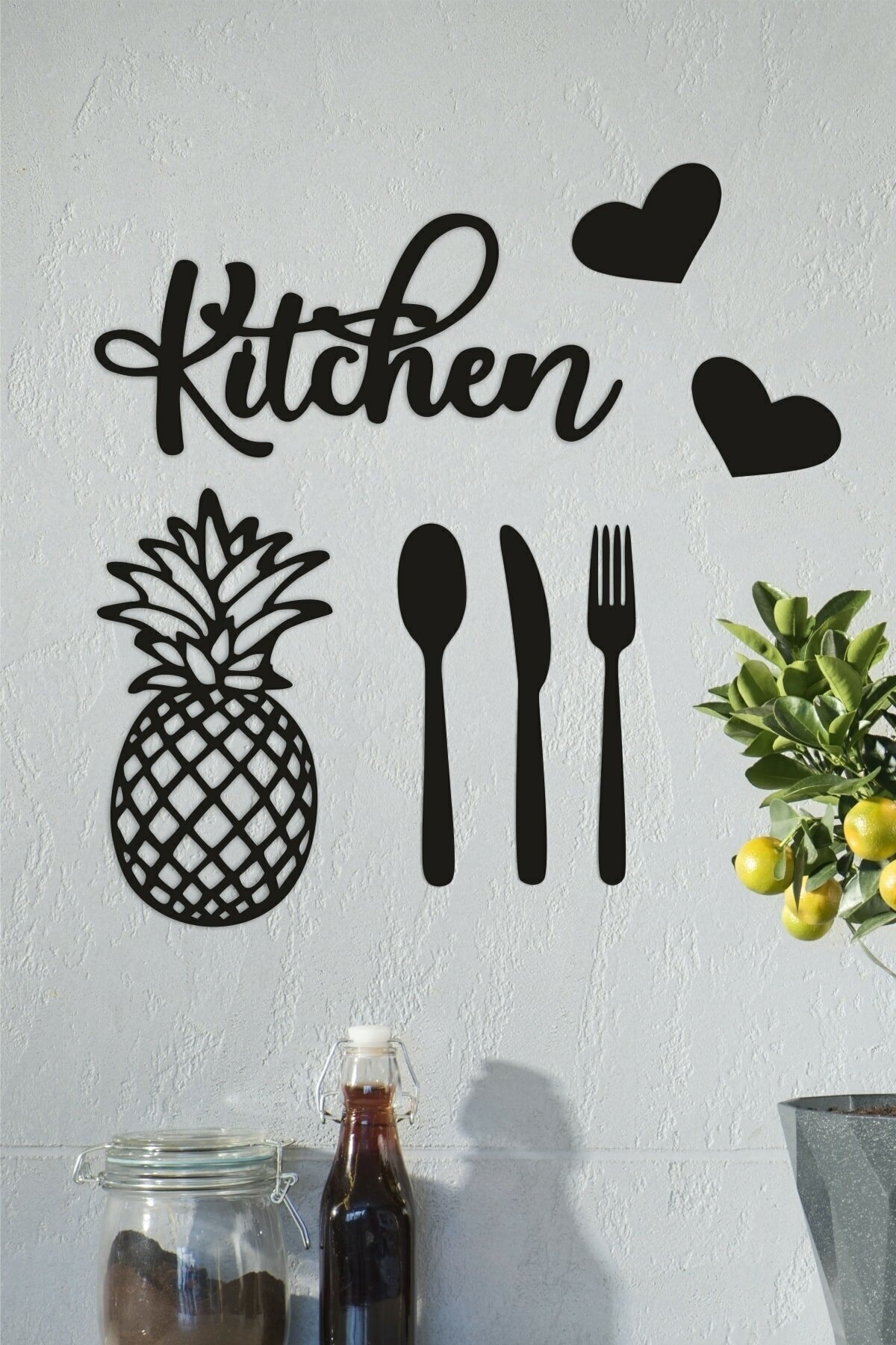 DENİZ LAZER 7 Parça Mutfak Dekorasyon Seti Ahşap Duvar Süsü Siyah Kitchen Yazısı