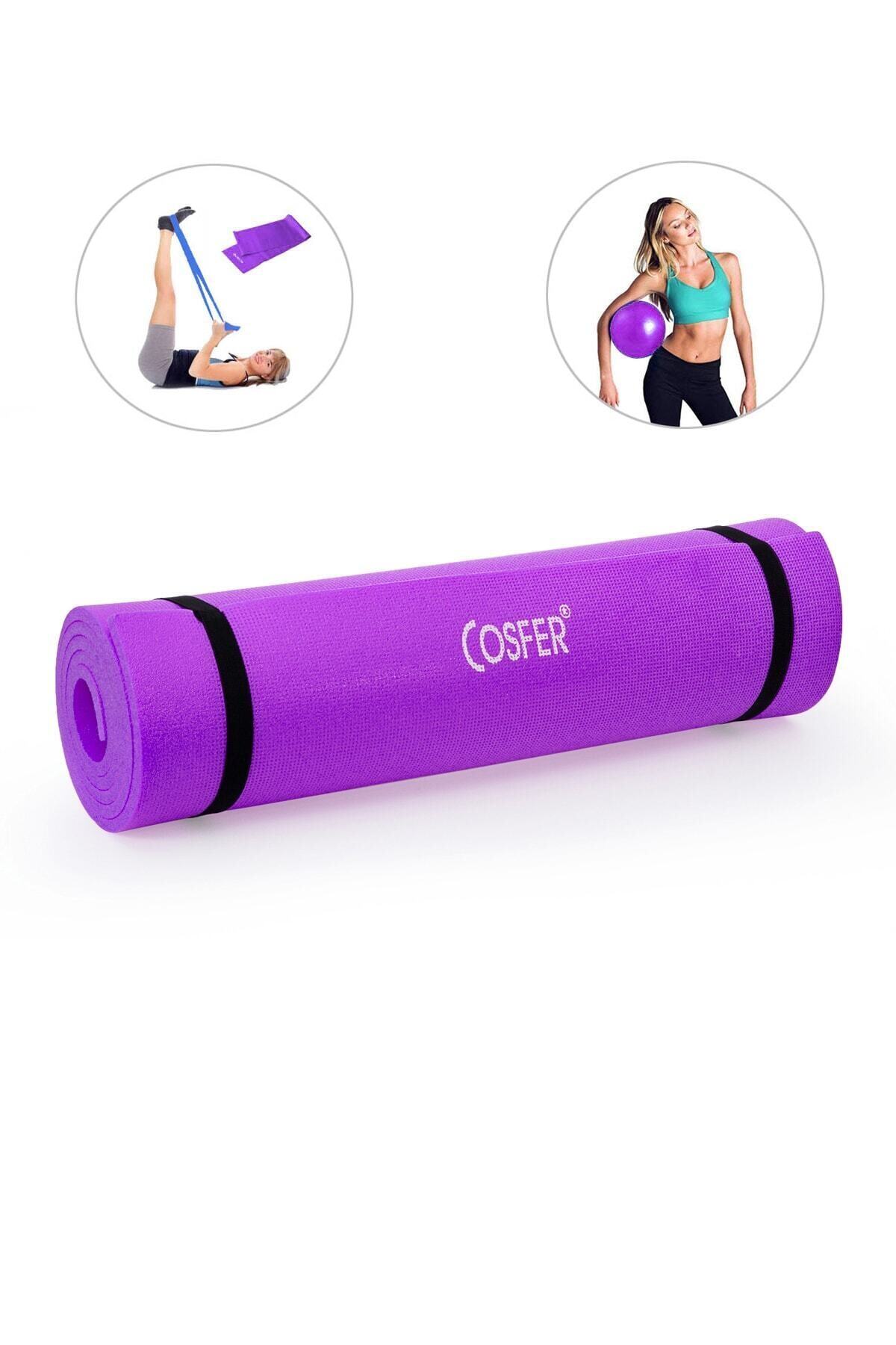 Cosfer 6,5 mm Pilates Minderi, Pilates Bandı Ve Denge Topu - 3 Lü Pilates Seti - Mor