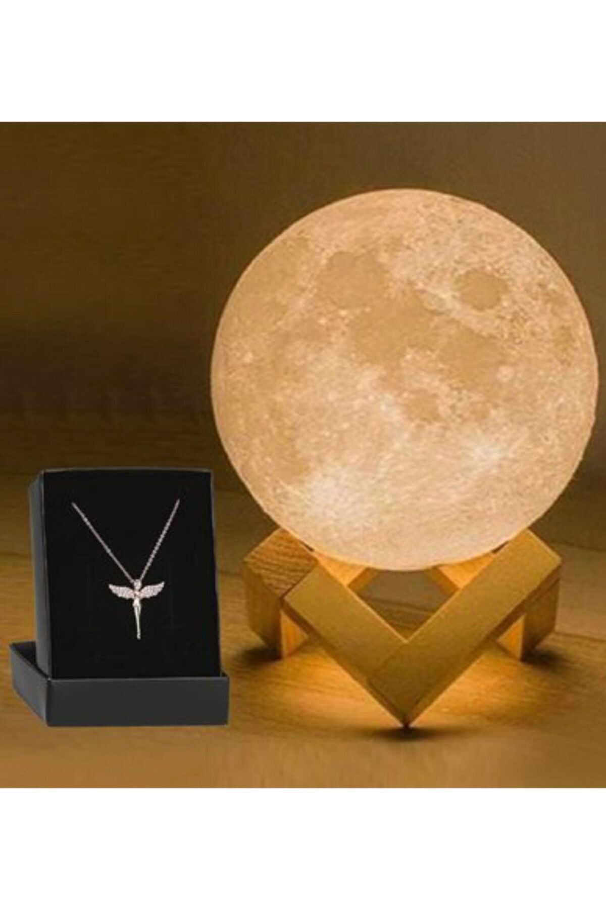 HSK 3d Ay Şeklinde Dekoratif Gece Lambası Masa Lambası & Melek Kolye Hediye Seti