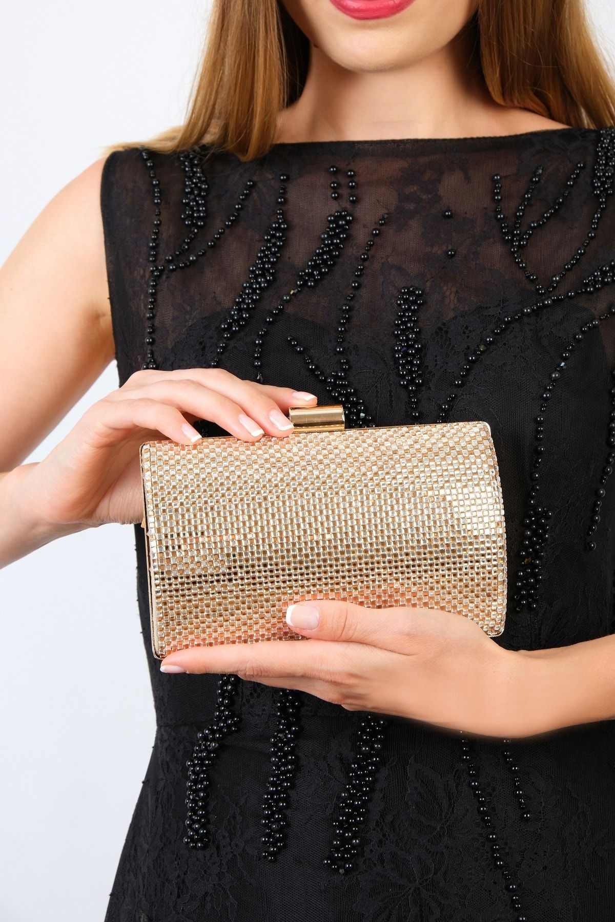 NAZART Kadın Cam Altın Gold Zincirli Abiye Bayan Clutch Portföy Gece Çantası