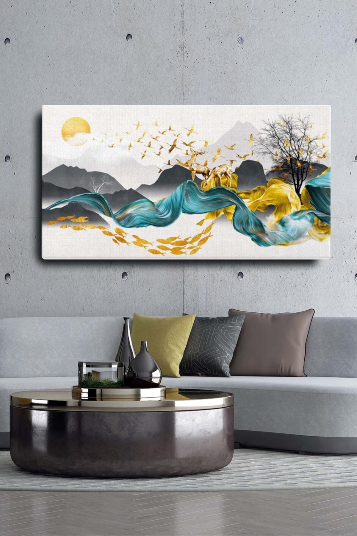 Blok Design Dekoratif Soyut Altın Geyik Balık Ve Kuşlar Sürreal Kanvas Duvar Tablosu