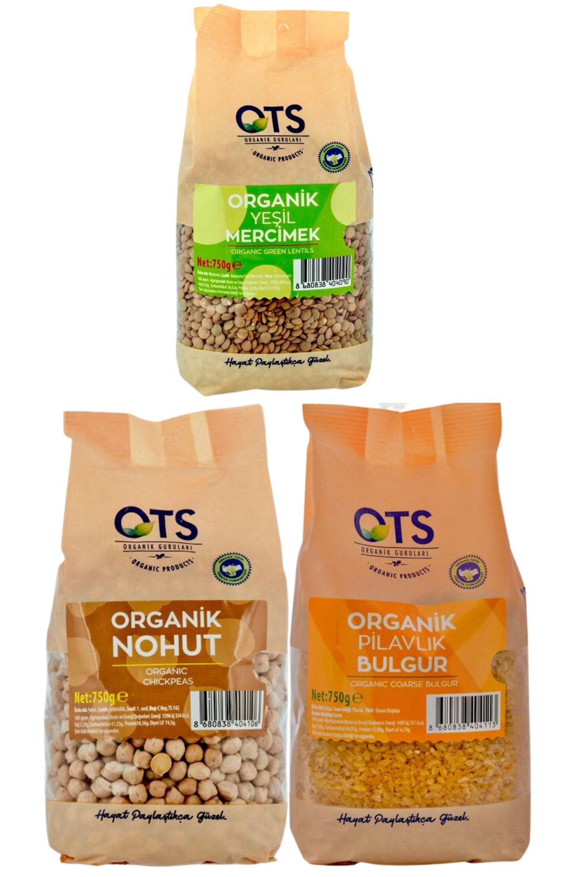 OTS Organik Organik Nohut Organik Yeşil Mercimek Organik Pilavlık Bulgur 3'lü Bakliyat Paketi 3x750 gr