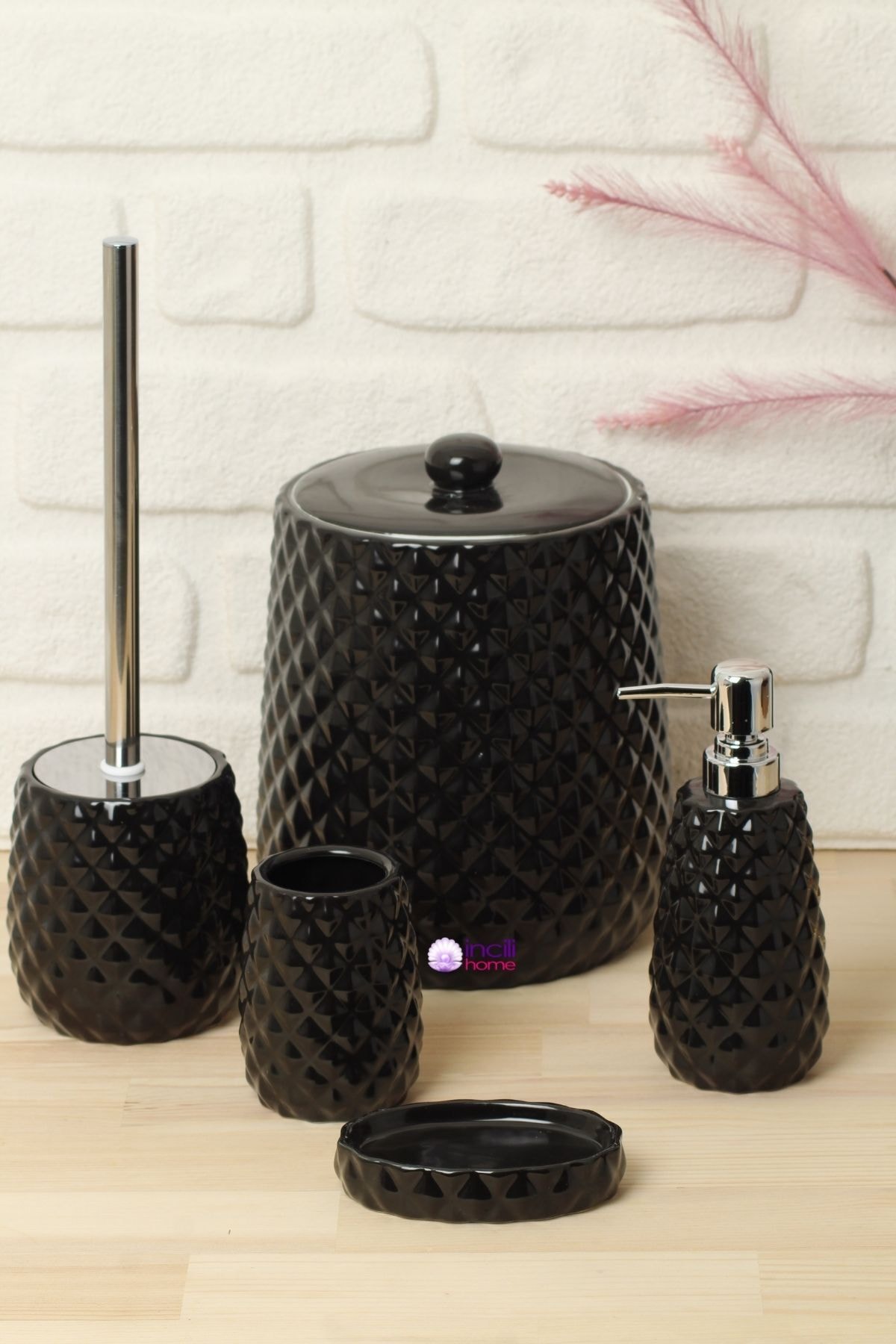 incili home Cone Porselen Banyo Seti 5 Parça/sıyah