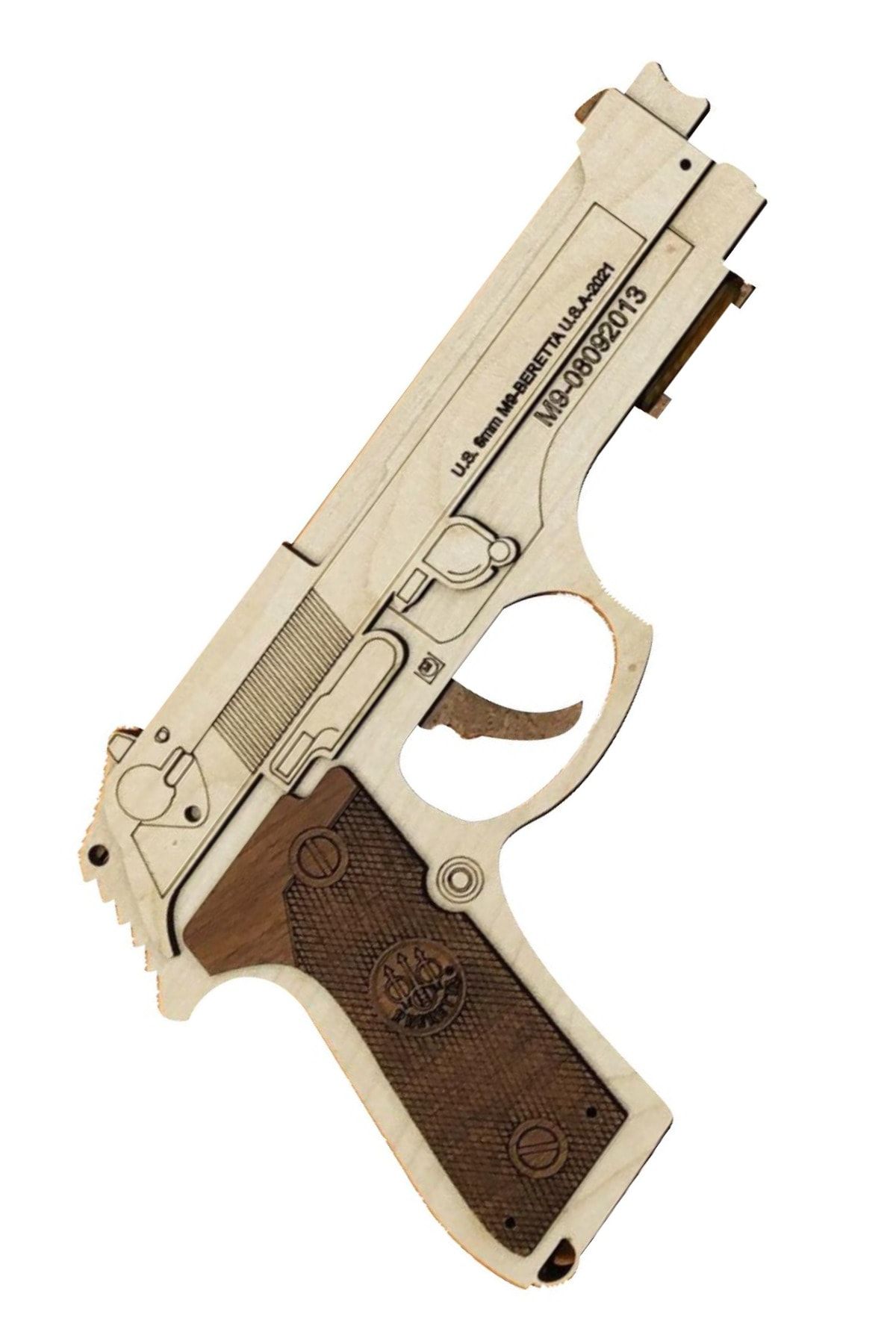 bihayaldekor M9-beretta Görünümlü Seri Lastik Atan Ahşap Oyuncak Tabanca