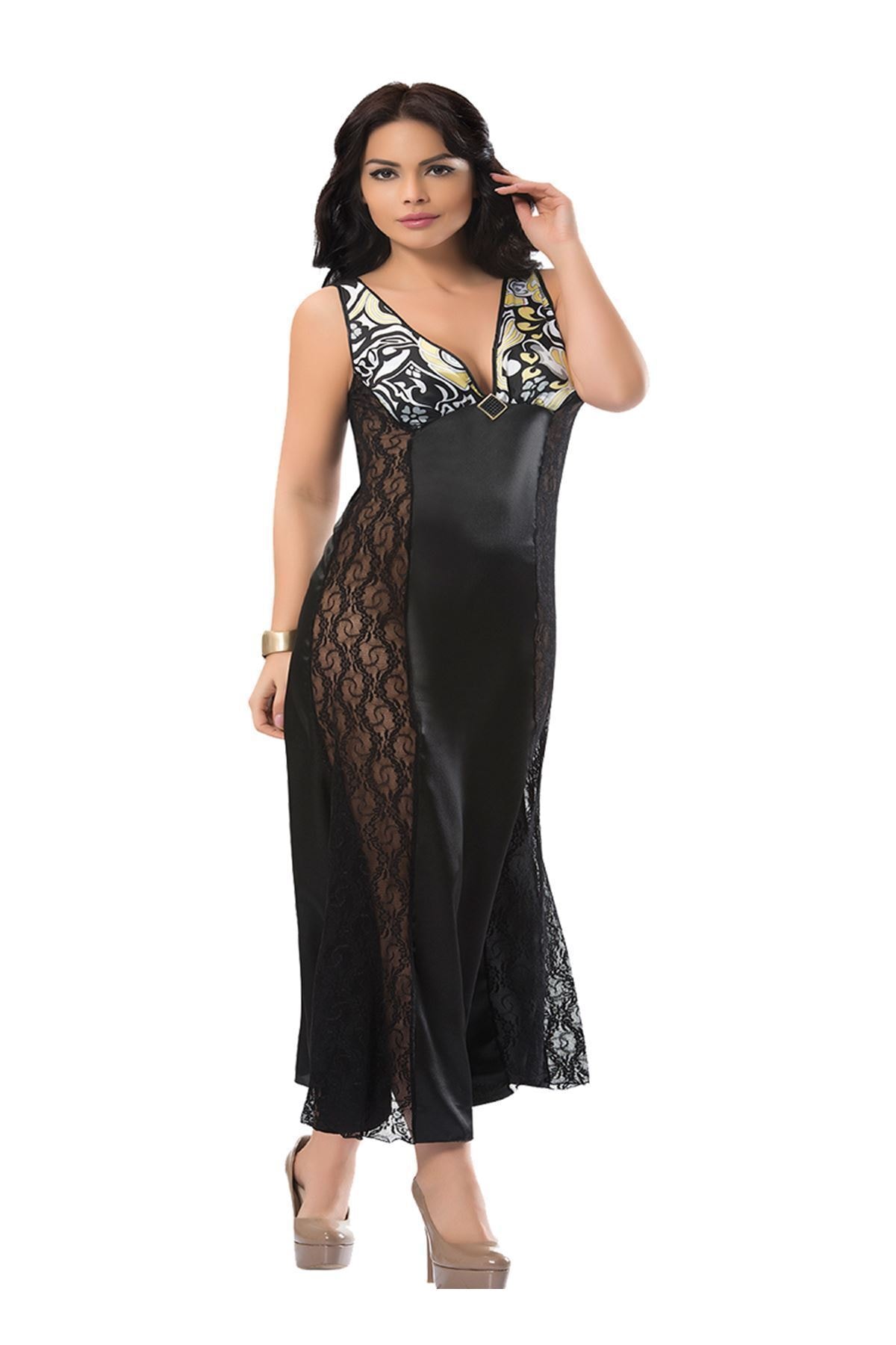 Stilinya 085 Dantelli Saten Gecelik Siyah