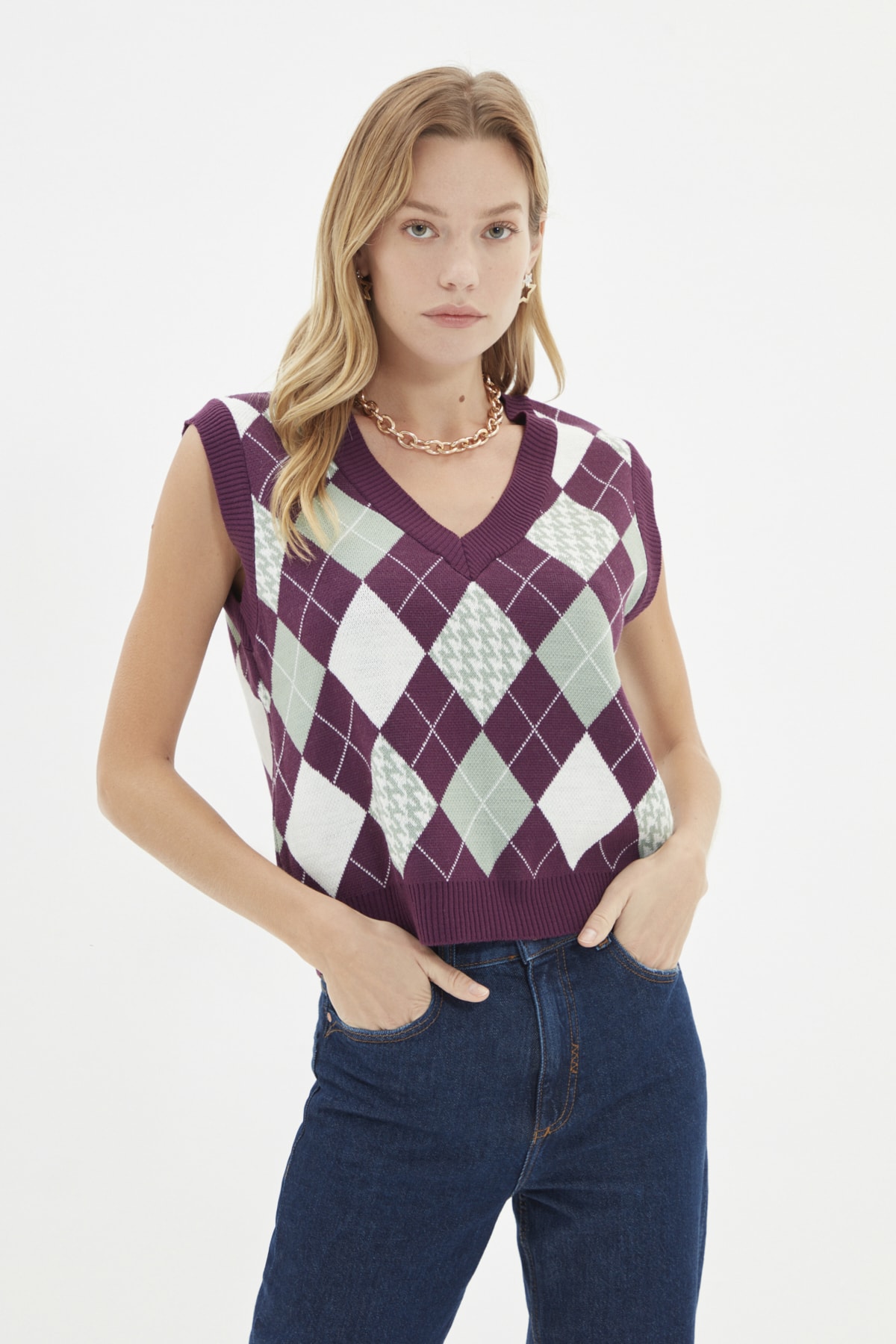 TRENDYOLMİLLA Mürdüm Jakarlı Triko Süveter TWOAW22SV0079