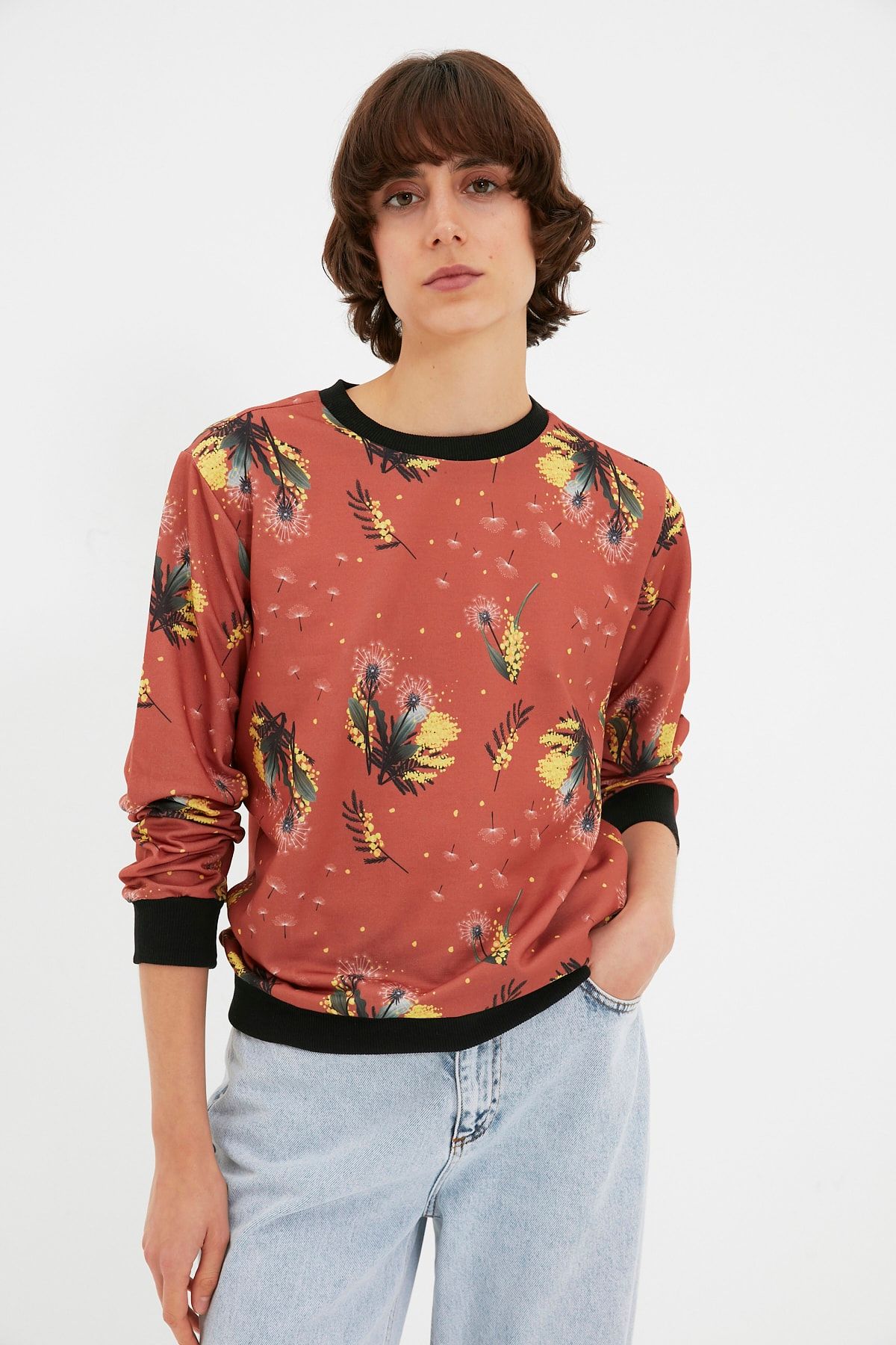 TRENDYOLMİLLA Kiremit Baskılı Basic Örme Sweatshirt TWOAW22SW1682