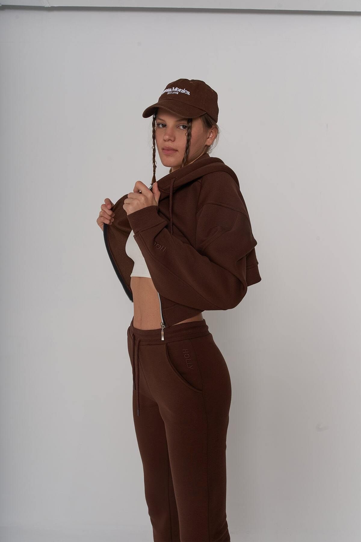 HOLLY LOLLY Kadın Kahverengi Kapüşonlu Uzun Kol Fermuarlı Crop Mixed Sweat