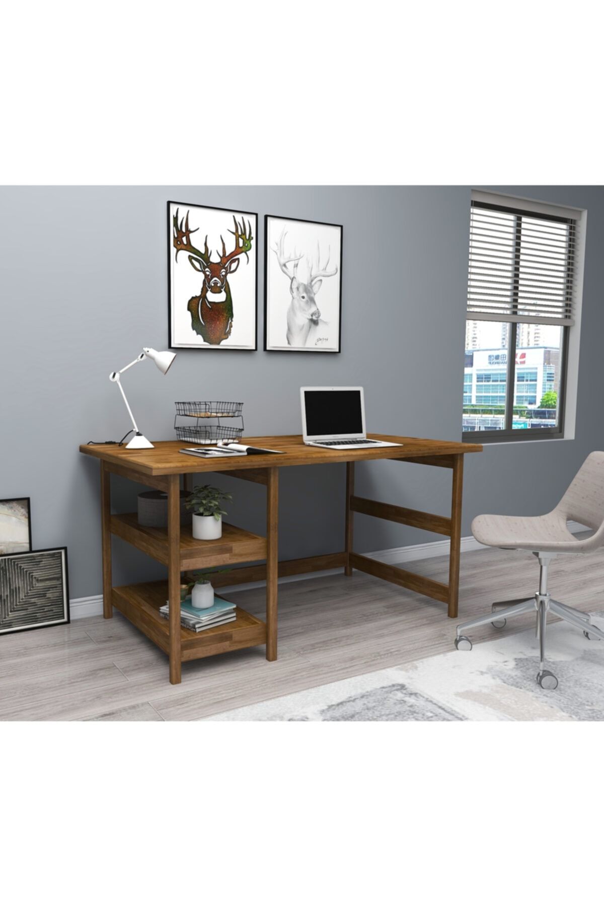 WOODFACE City Çalışma Masası 120x75 Doğal Ahşap 2 Bölüm Özel Tasarım Uyumlu Görünüm