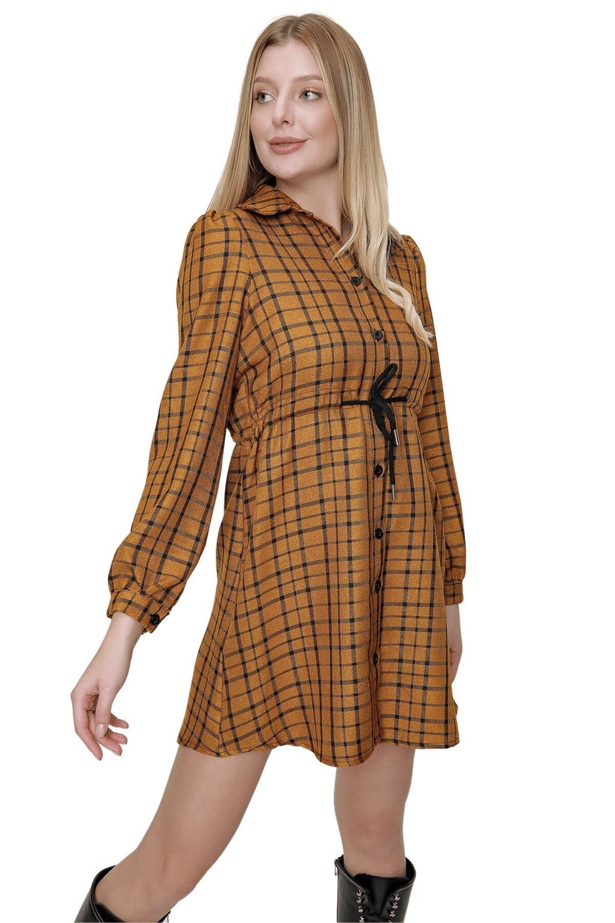 butikburuç Kadın Hardal Beli Bağlamalı Ekose Tunik