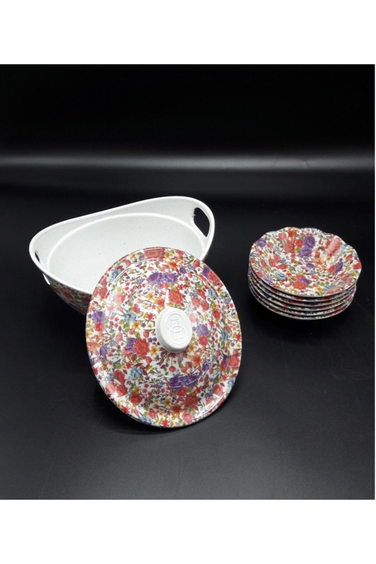 HibanaYolu Melamin Şekerlik Ve 6 Adet Çay Tabağı Kırmızı Çiçekli Set En:14,50 Boy:17,50cm