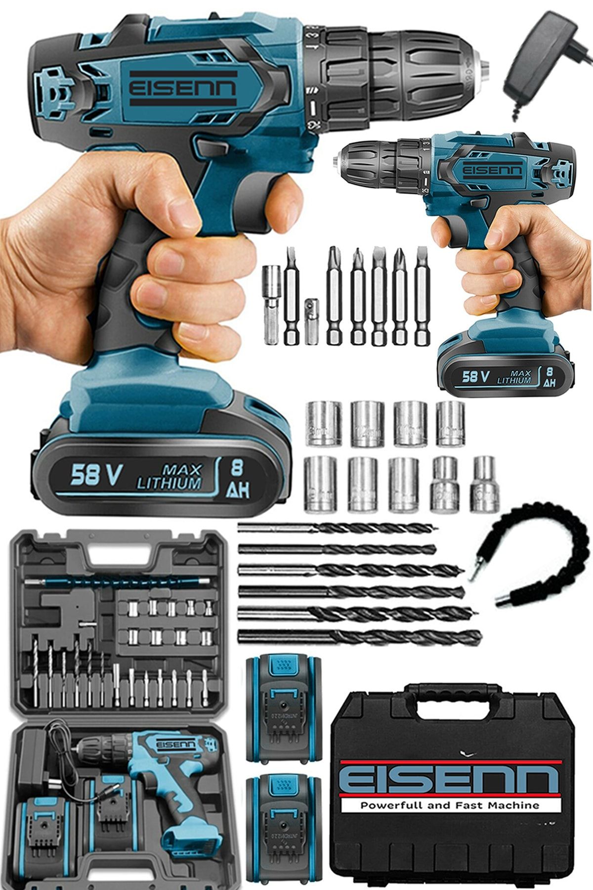 Eisenn Germany Technology Xtapper 58 V 8 Ah Darbeli Samsung Çift Akülü Seri Vidalama Matkap + Set Hediye