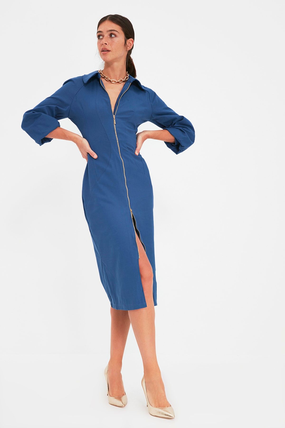 TRENDYOLMİLLA Indigo Fermuarlı Elbise TWOAW22EL0643