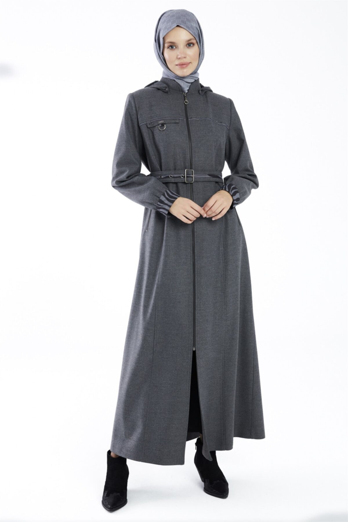 Zühre Kapüşonlu Ve Kemer Detaylı Gri Pardesü 12594